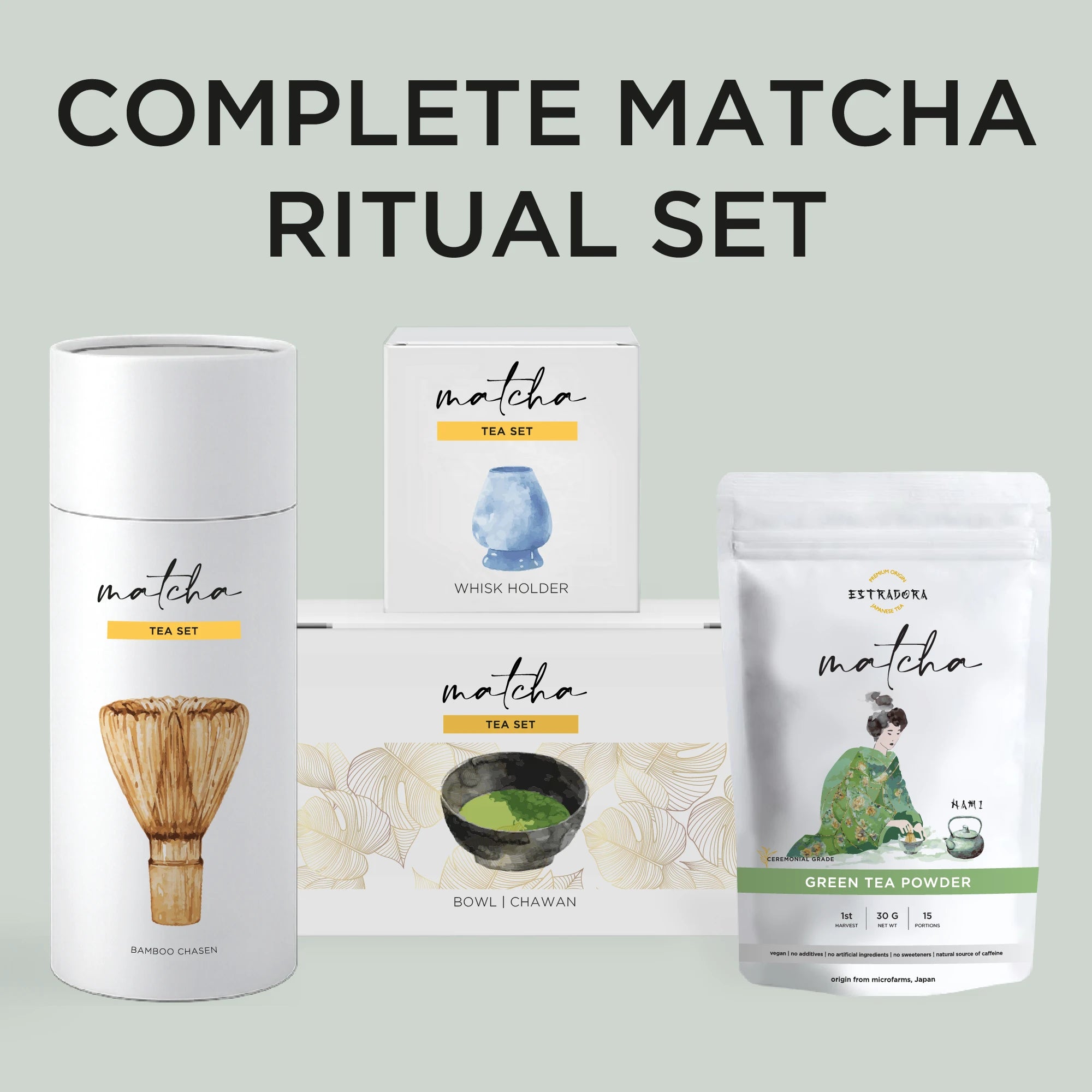 Complete Matcha Ritual Set – Japanese ceremonial set with matcha powder, bamboo whisk, whisk holder, and chawan bowl by Estradora.