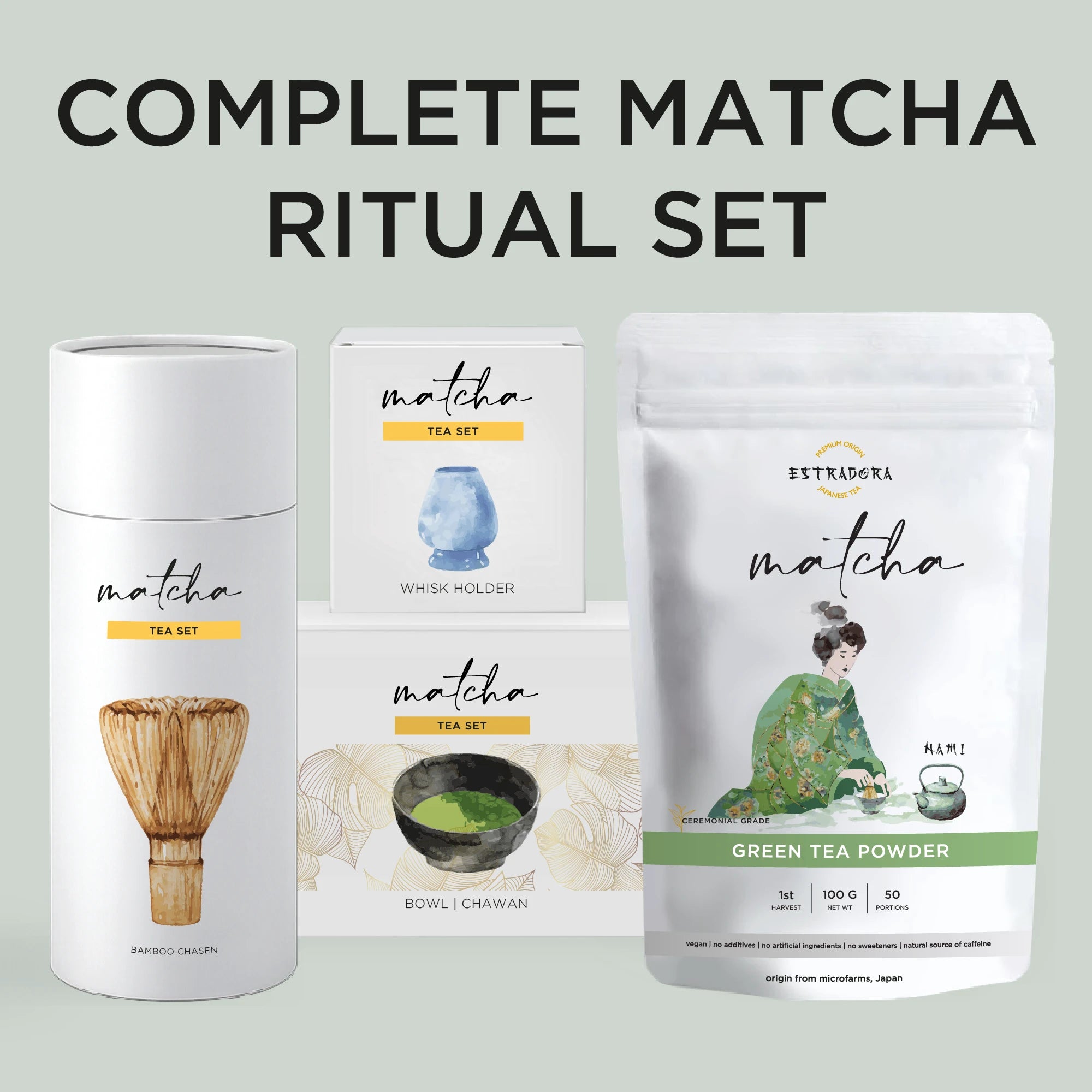 Complete Matcha Ritual Set – Japanese ceremonial set with matcha powder, bamboo whisk, whisk holder, and chawan bowl by Estradora.