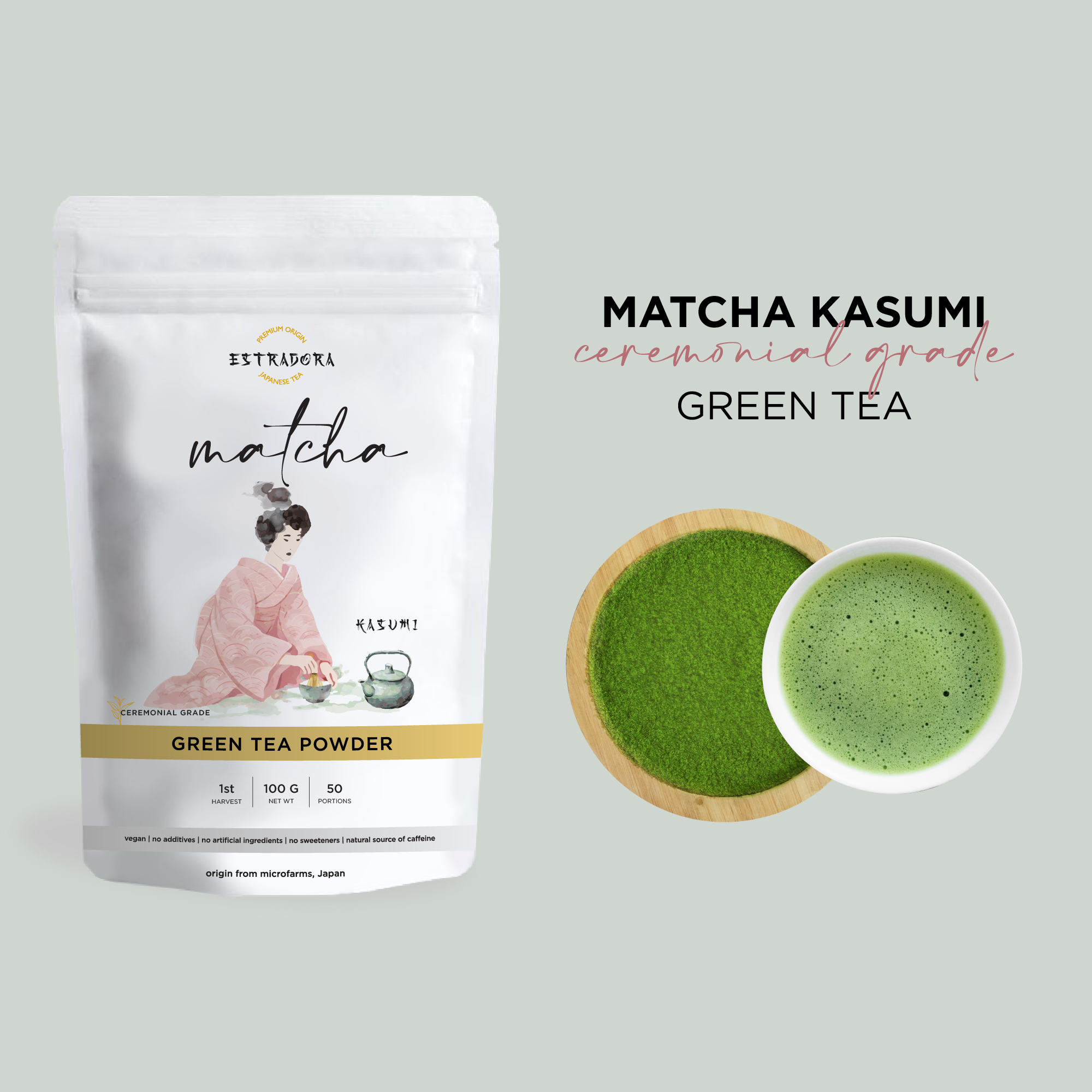 Estradora Matcha Kasumi pouch, ceremonial grade, 100 g, first harvest, with bowl of powder and whisked matcha.