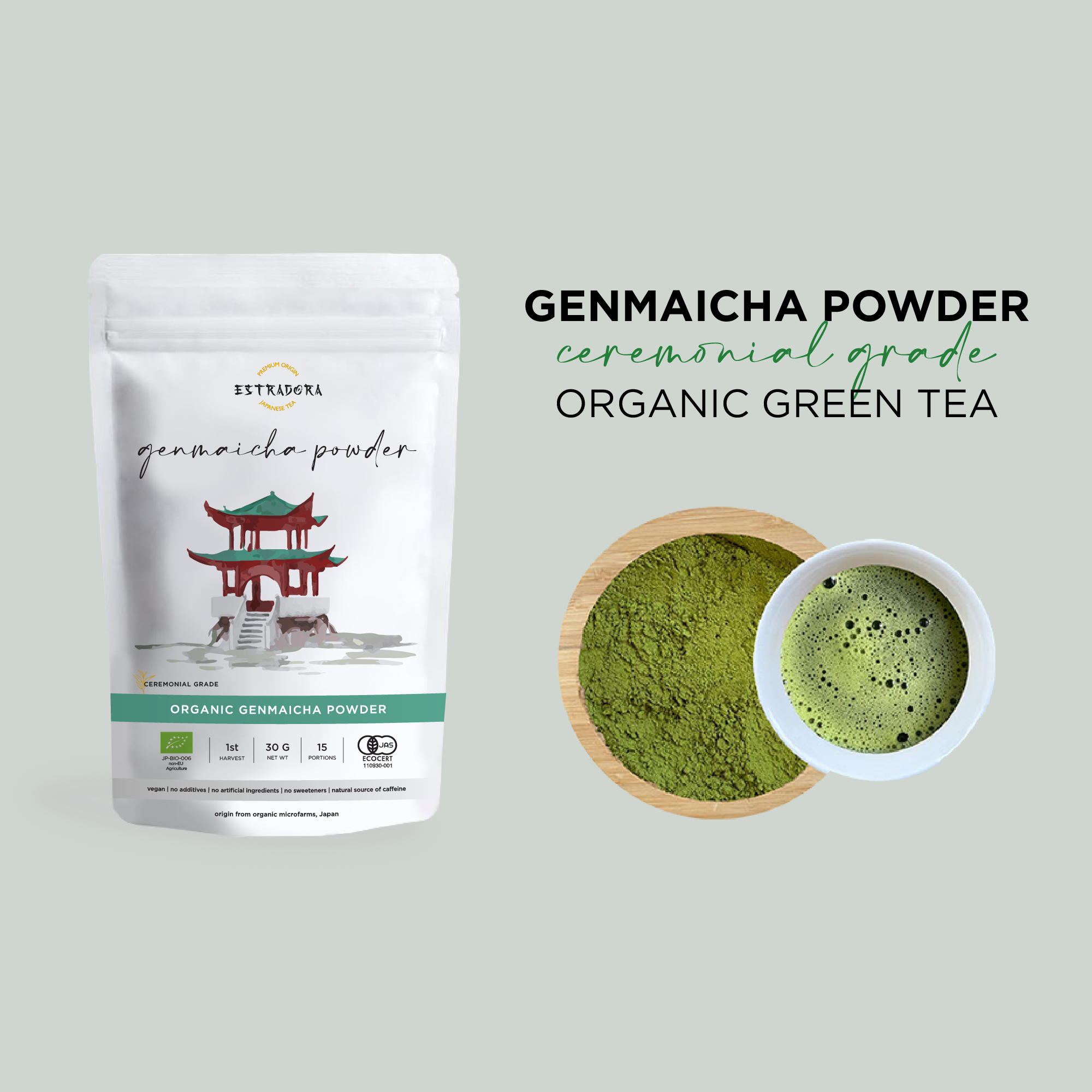 Japanese Genmaicha tea powder ceremonial grade – green tea with roasted rice, first harvest from Japan, Estradora product packaging