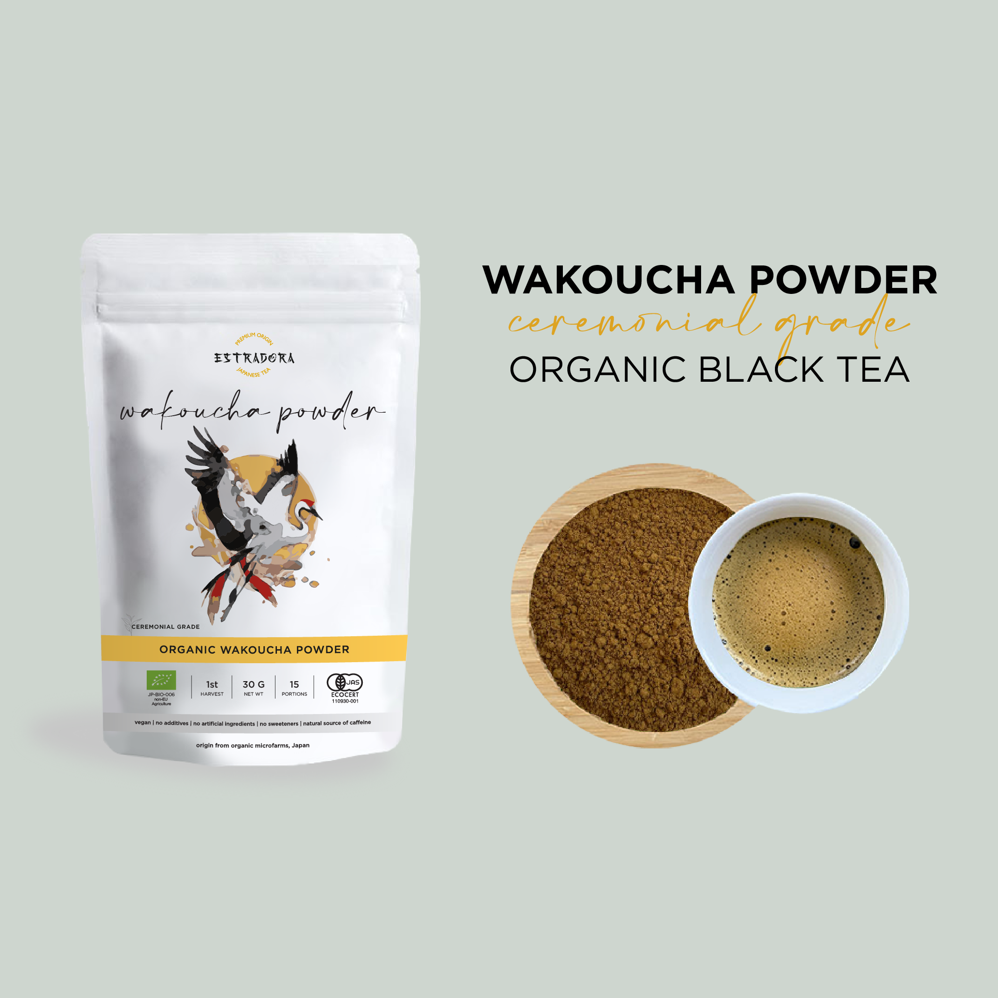 Japanese Wakoucha tea powder ceremonial grade – Japanese black tea in powdered form, Estradora product packaging with brewed cup