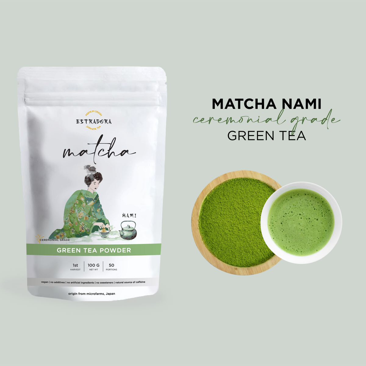 MATCHA NAMI | Japanese ceremonial grade green tea powder – Estradora product packaging with vibrant green powder and whisked tea