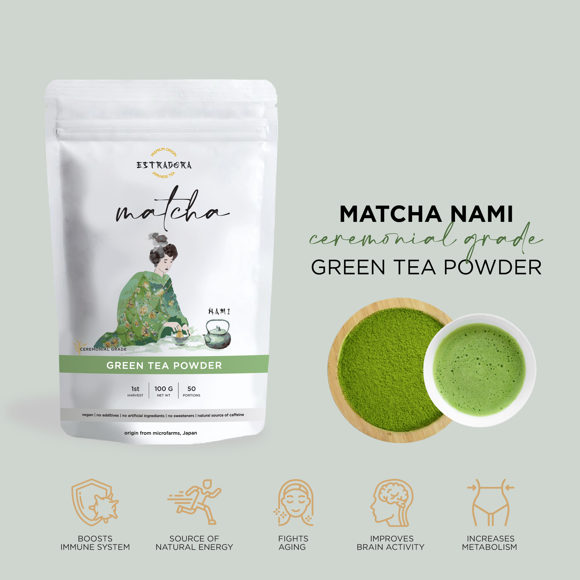 MATCHA NAMI | Japanese ceremonial grade green tea powder – Estradora product packaging with vibrant green powder and whisked tea