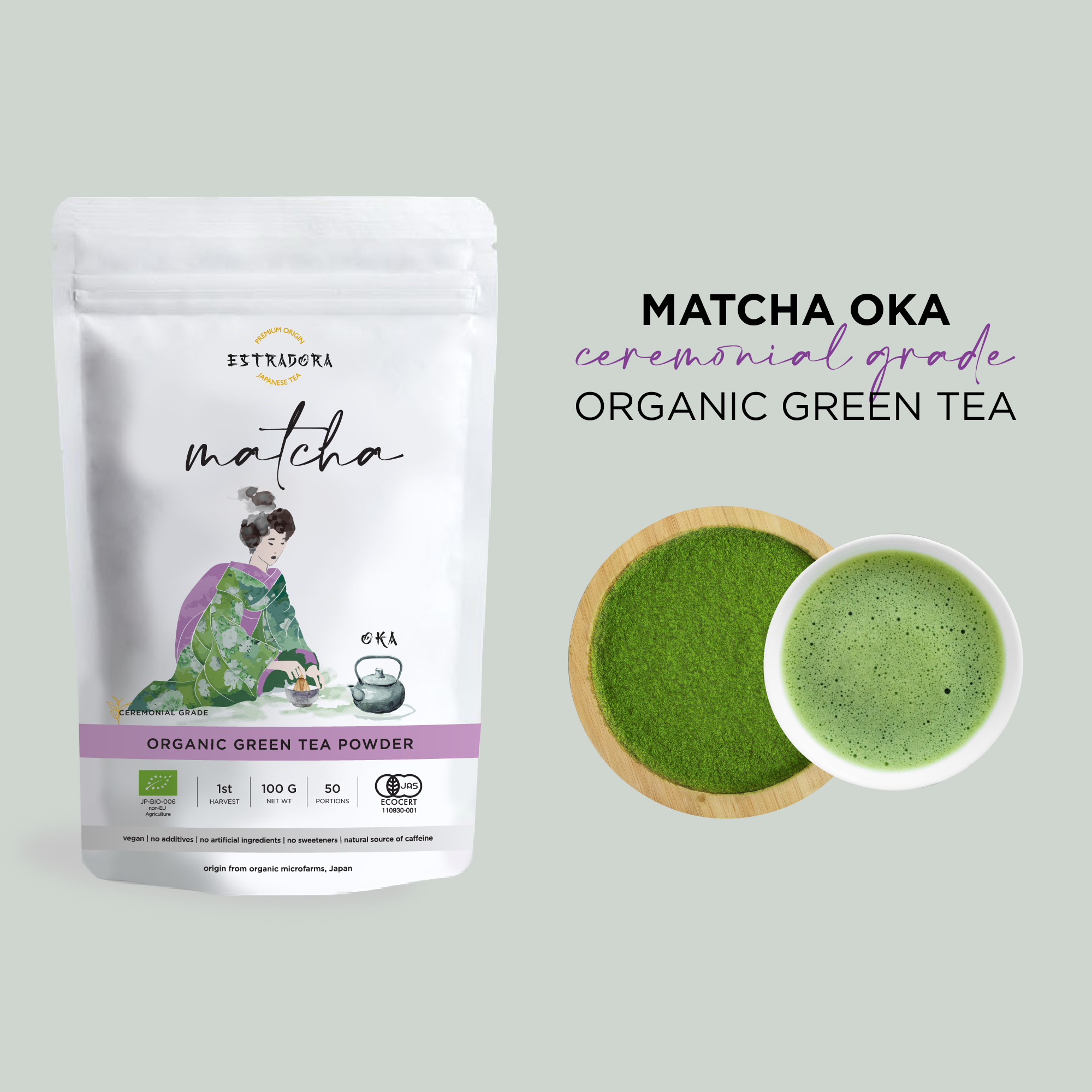 Matcha Oka Japanese ceremonial green tea powder – Estradora product packaging with vibrant green powder and whisked tea