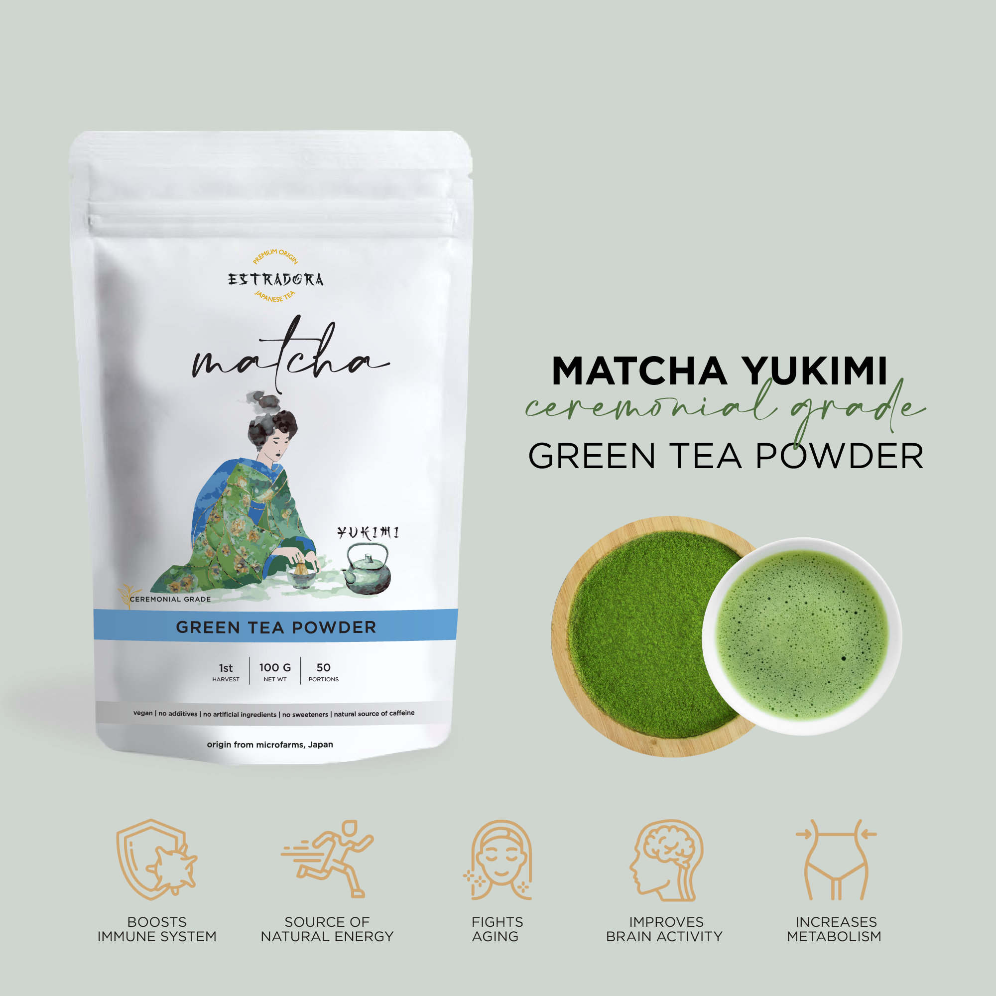 MATCHA YUKIMI | Japanese ceremonial grade green tea powder – Estradora product packaging with vibrant green powder and whisked tea