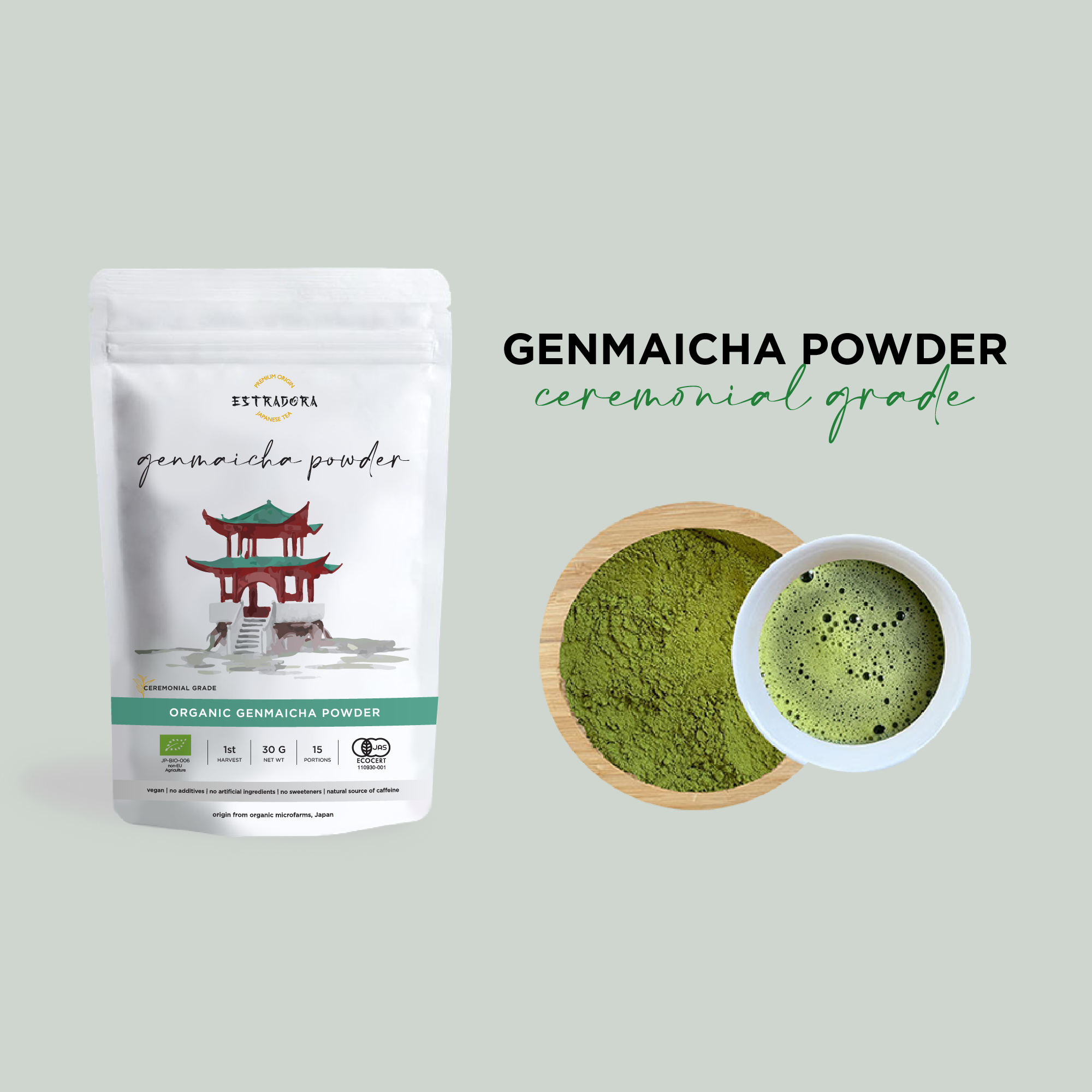 Japanese Genmaicha tea powder ceremonial grade – green tea with roasted rice, first harvest from Japan, Estradora product packaging