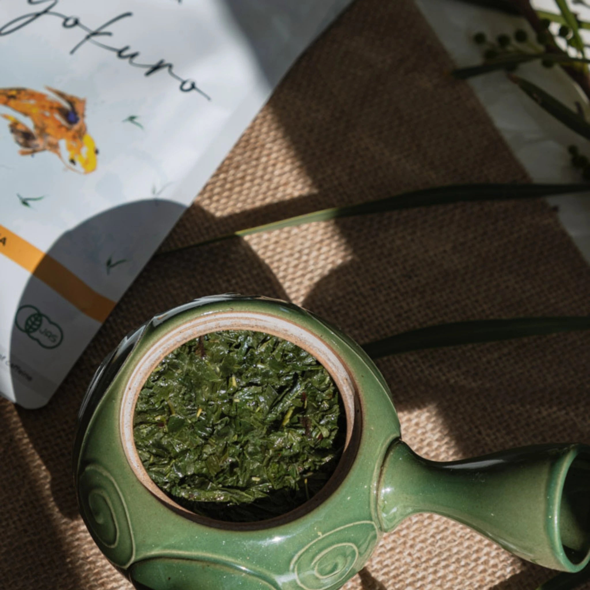 Brewed Gyokuro tea leaves in kyusu teapot with product packaging - Estradora
