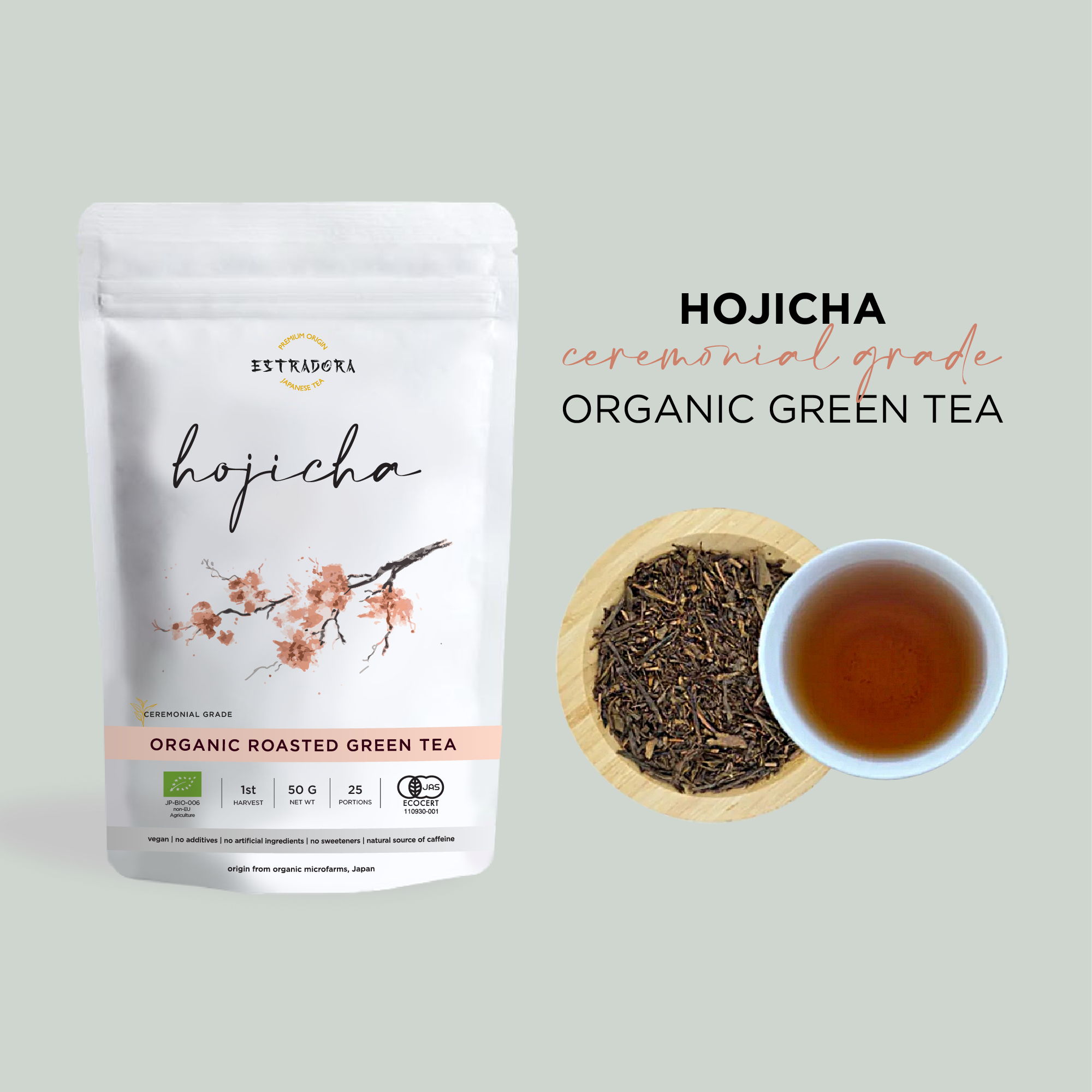 Hojicha Japanese roasted green tea – Estradora product packaging, loose tea leaves and brewed cup