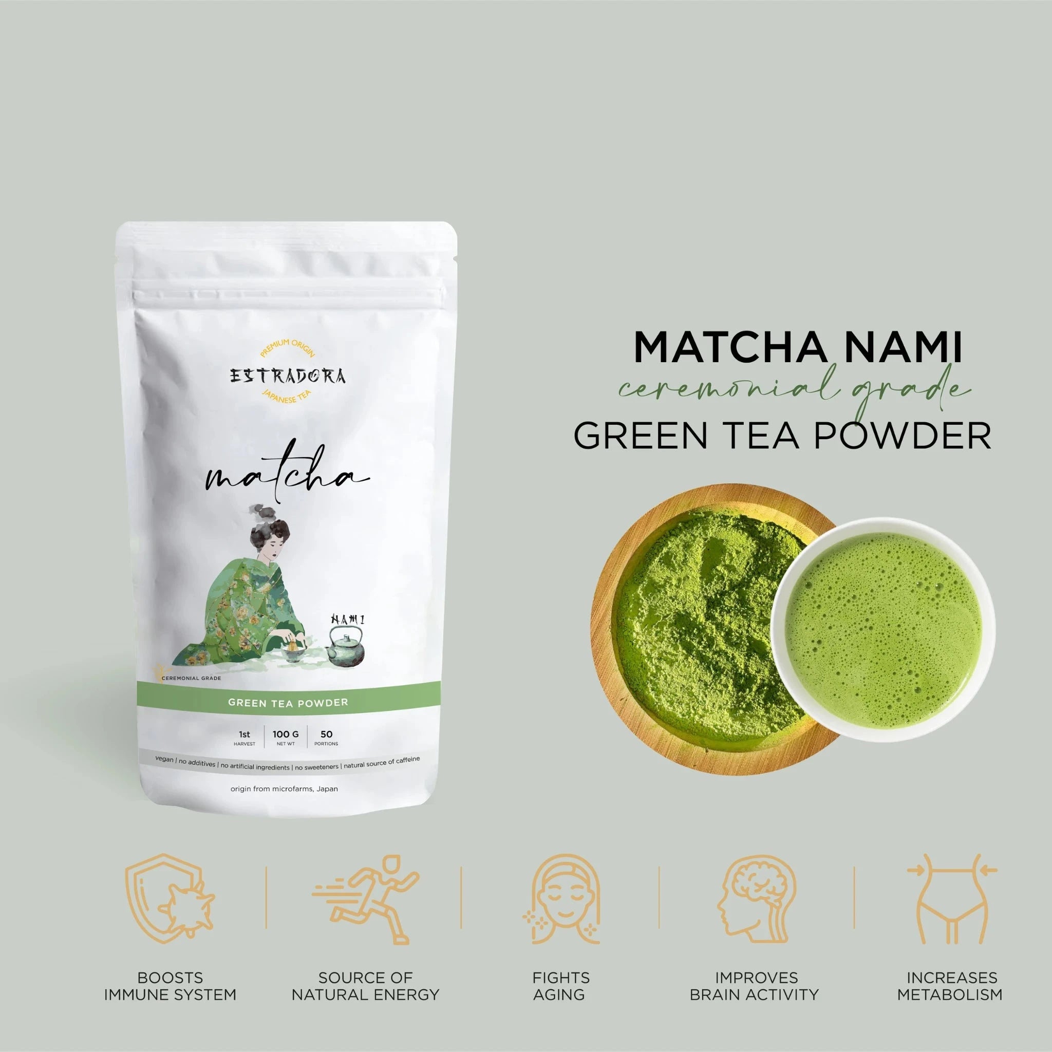 MATCHA NAMI | Japanese ceremonial grade green tea powder – Estradora product packaging with vibrant green powder and whisked tea