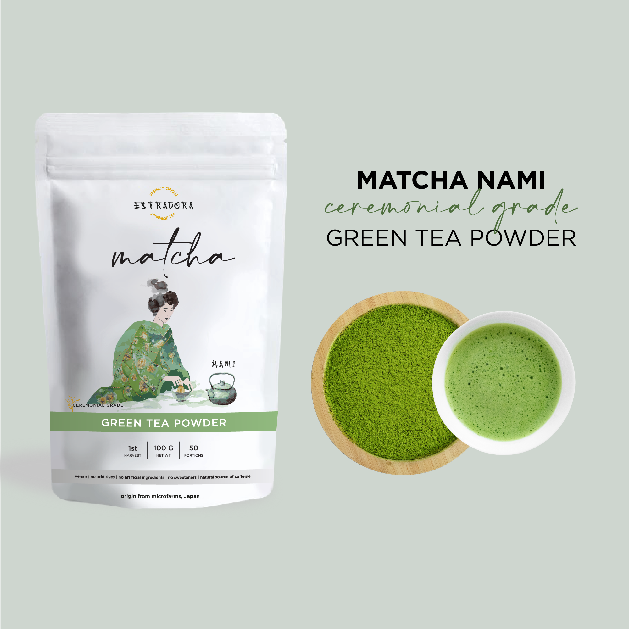 MATCHA NAMI | Japanese ceremonial grade green tea powder – Estradora product packaging with vibrant green powder and whisked tea