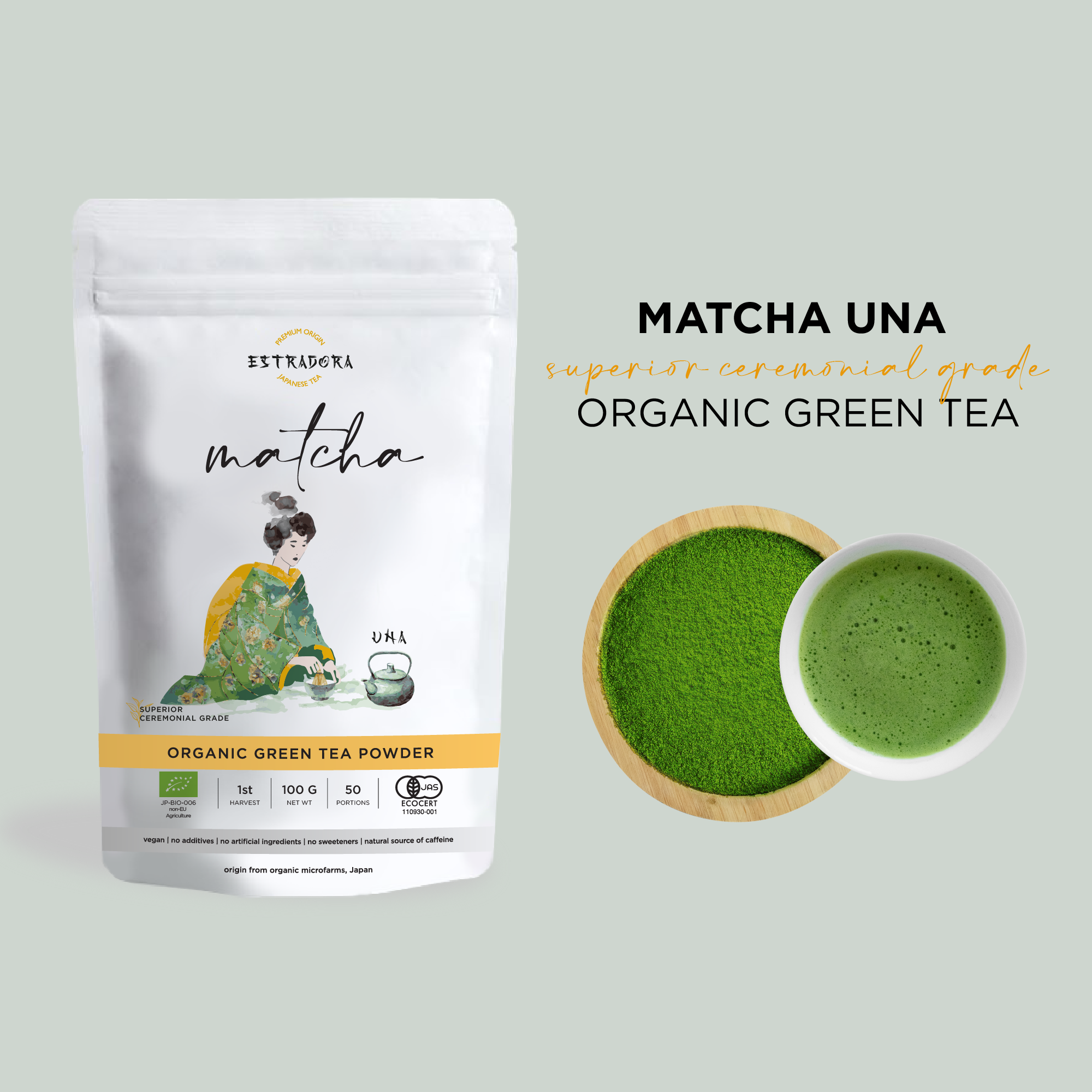 MATCHA UNA | Japanese superior ceremonial grade green tea powder – Estradora product packaging with vibrant green powder and whisked tea