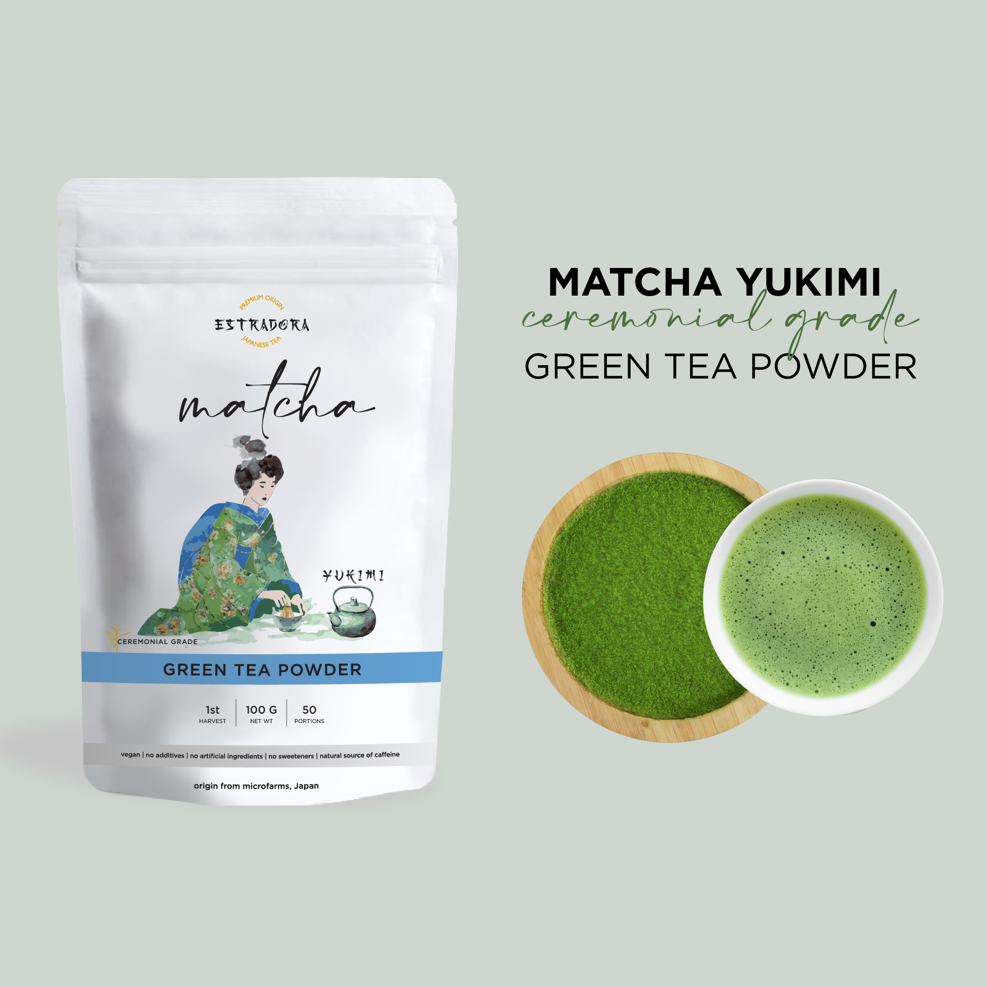 MATCHA YUKIMI | Japanese ceremonial grade green tea powder – Estradora product packaging with vibrant green powder and whisked tea