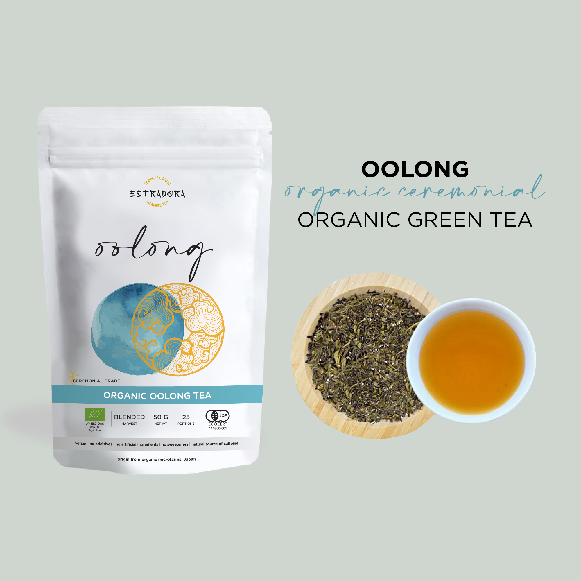 Japanese Oolong ceremonial green tea – Estradora product packaging with loose leaves and brewed cup