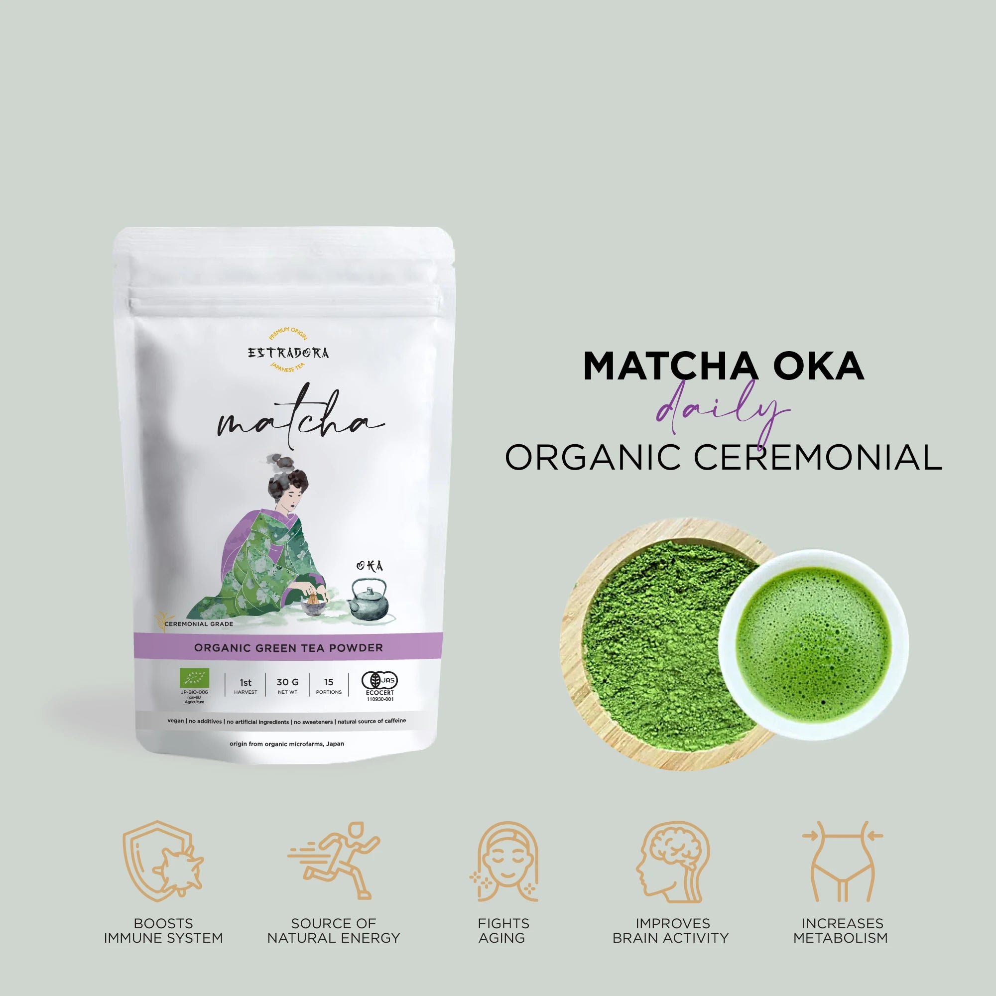 Matcha Oka Japanese ceremonial green tea powder – Estradora product packaging with vibrant green powder and whisked tea