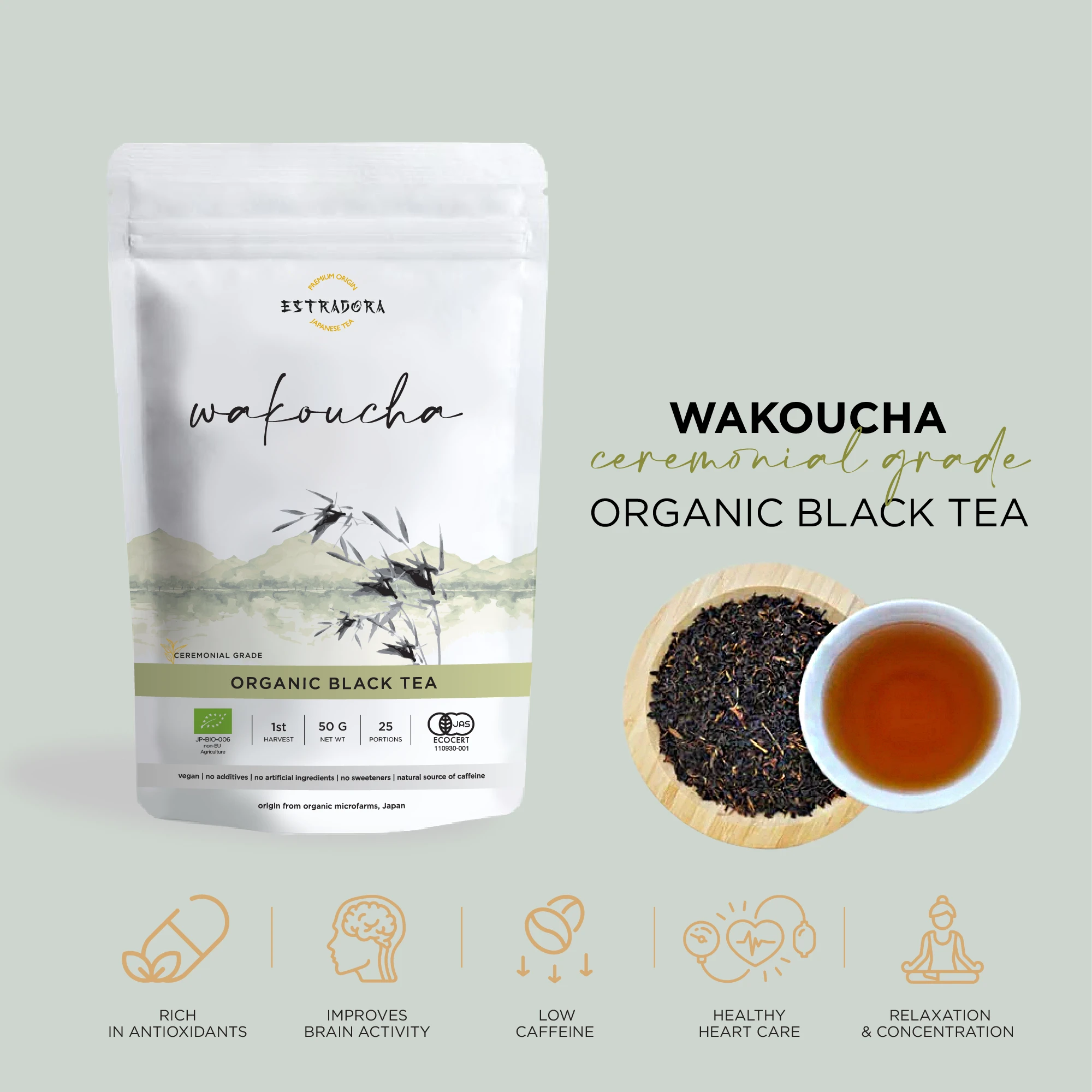 Wakoucha Japanese black tea – Estradora product packaging, loose tea leaves and brewed cup