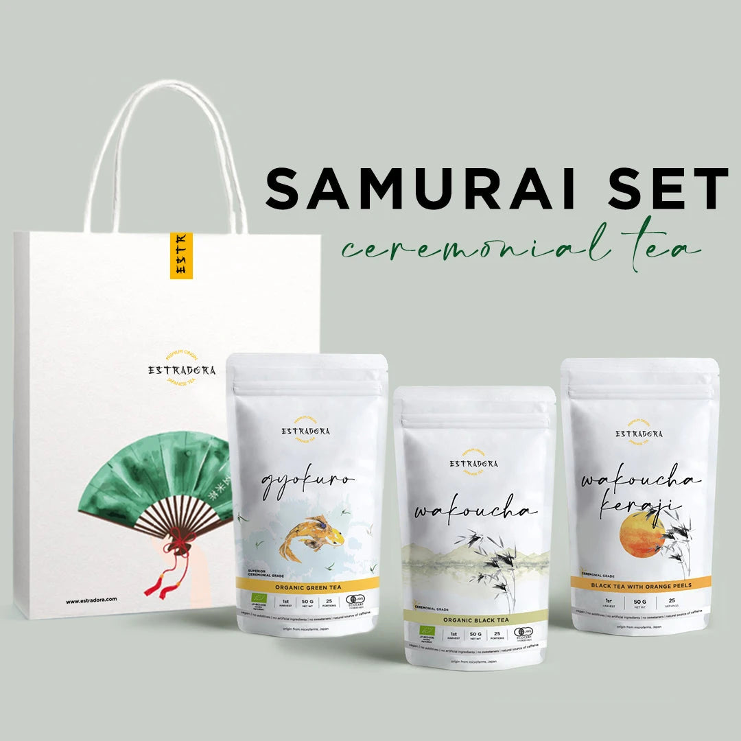 Samurai Japanese tea set with Gyokuro green tea, Wakoucha black tea & citrus Wakoucha Keraji. Organic, handcrafted teas from Japan. Gift-ready.