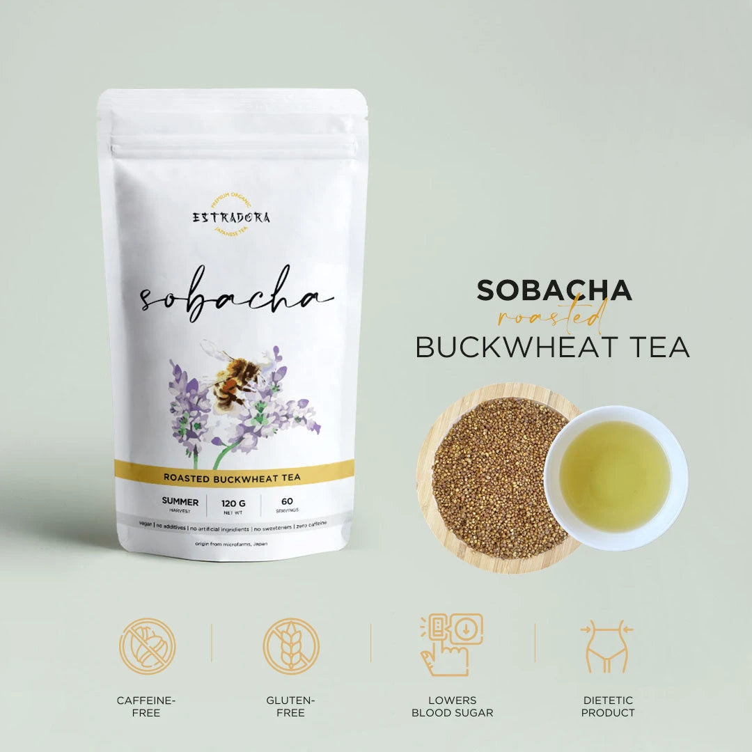 Sobacha roasted buckwheat tea – Estradora product packaging and brewed cup