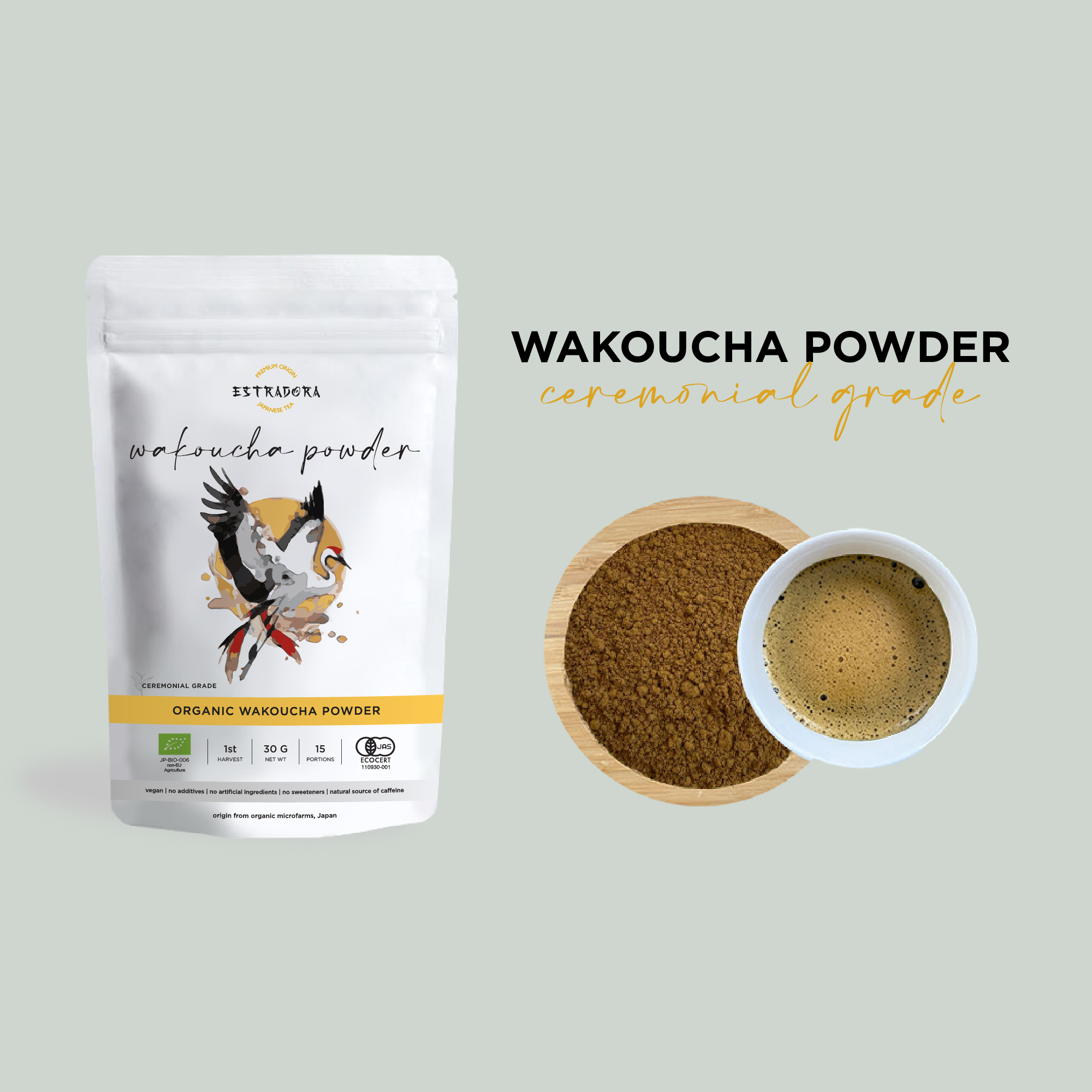 Japanese Wakoucha tea powder ceremonial grade – Japanese black tea in powdered form, Estradora product packaging with brewed cup