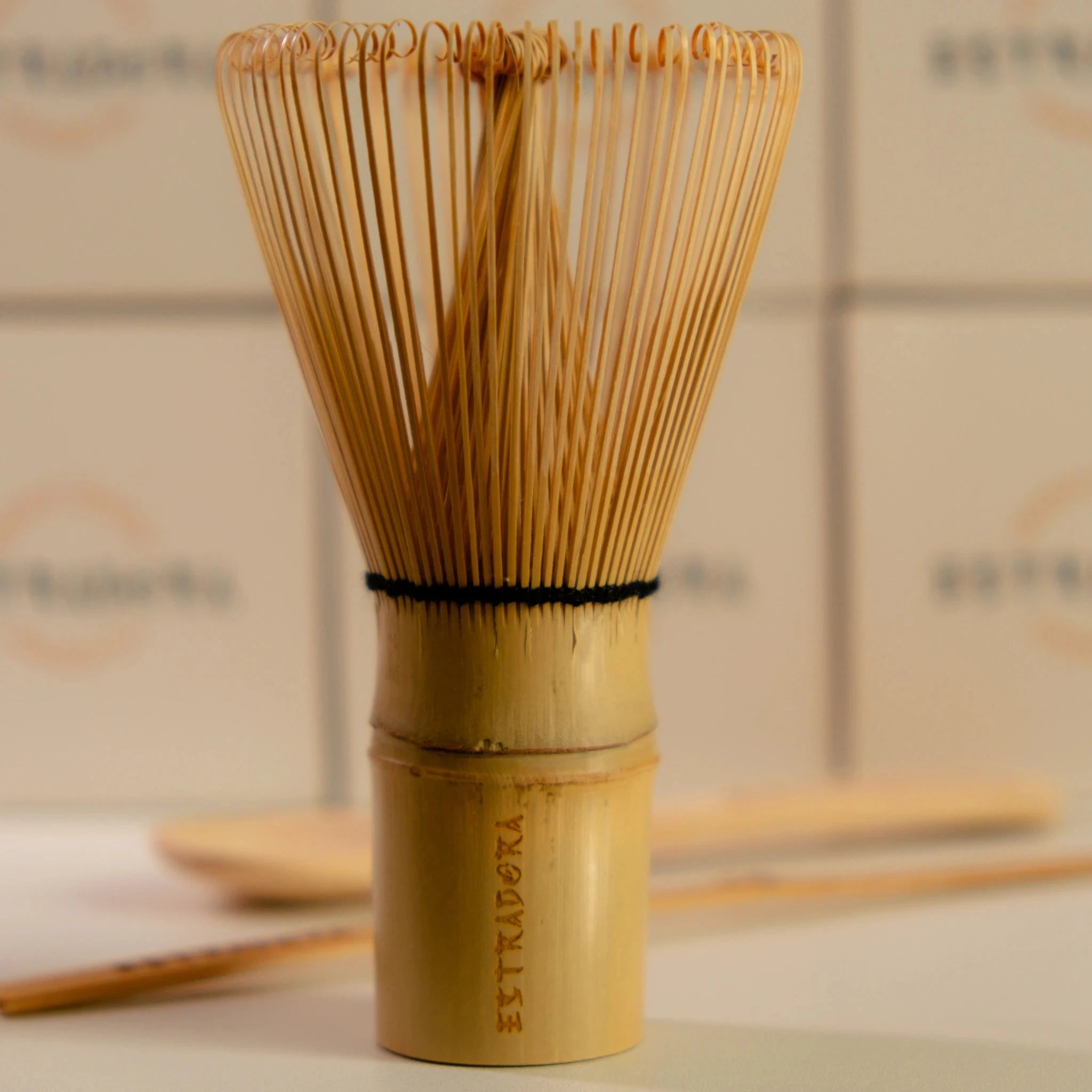 Close-up of traditional Japanese bamboo whisk (chasen) for matcha preparation ESTRADORA