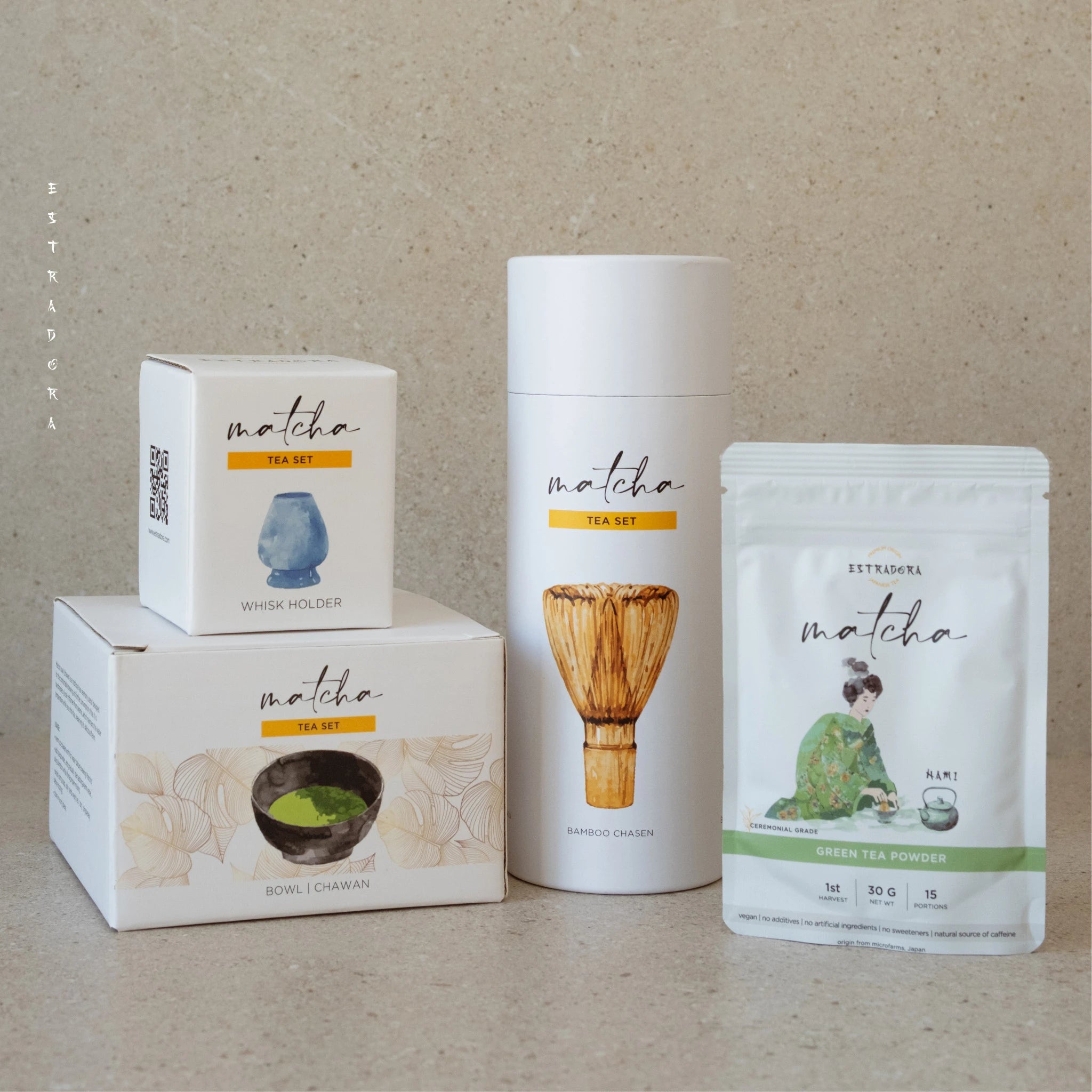 Complete Matcha Ritual Set – premium ceremonial powder with bamboo whisk, chashaku, ceramic holder, and matcha bowl. Estradora