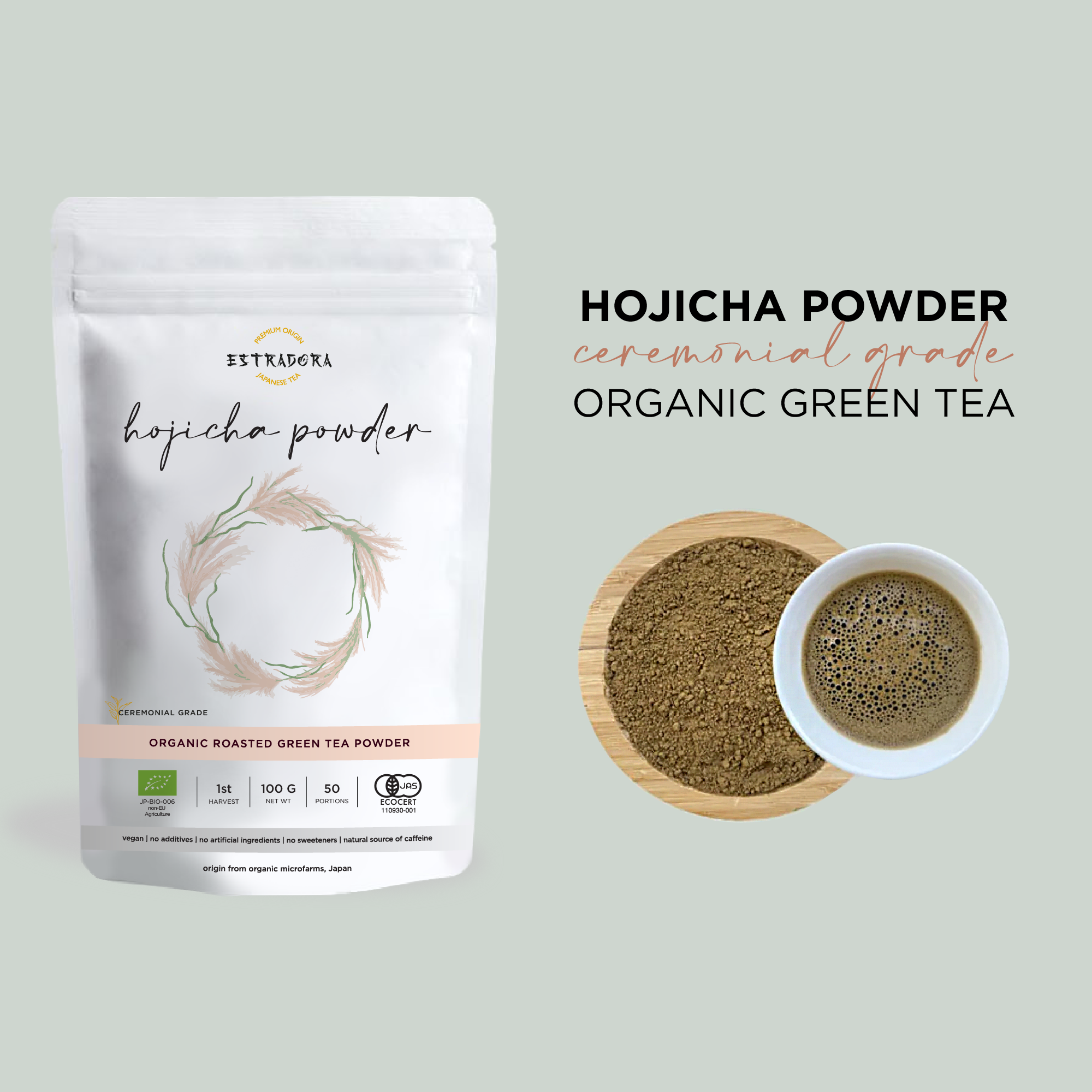 Hojicha powder Japanese roasted green tea – Estradora product packaging with finely milled tea powder and brewed cup