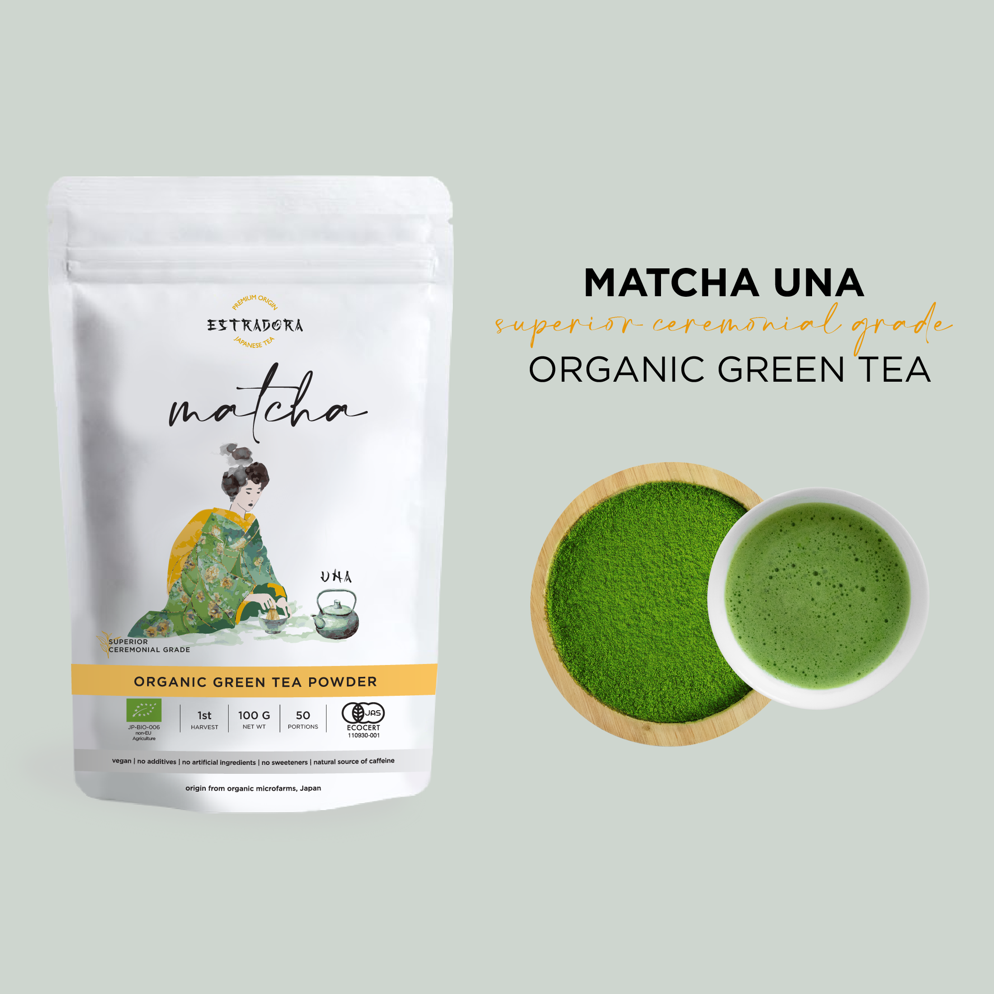 MATCHA UNA | Japanese superior ceremonial grade green tea powder – Estradora product packaging with vibrant green powder and whisked tea