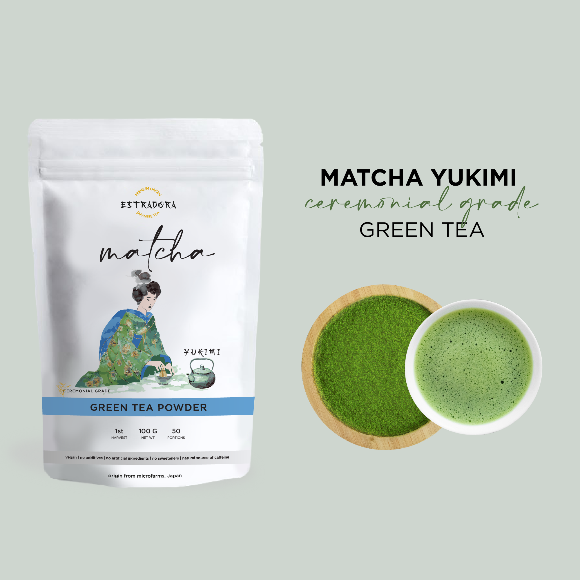 MATCHA YUKIMI | Japanese ceremonial grade green tea powder – Estradora product packaging with vibrant green powder and whisked tea