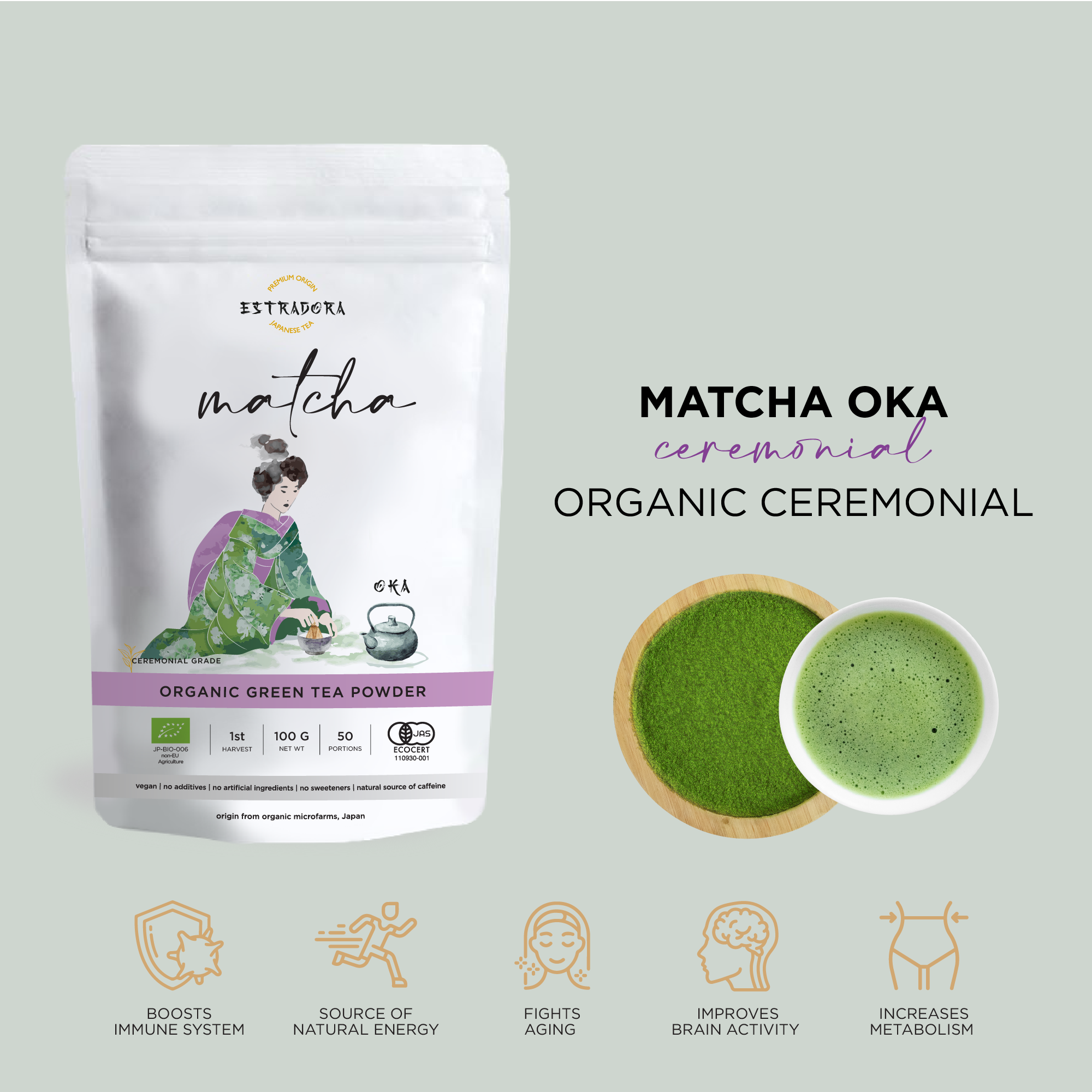 Matcha Oka Japanese ceremonial green tea powder – Estradora product packaging with vibrant green powder and whisked tea