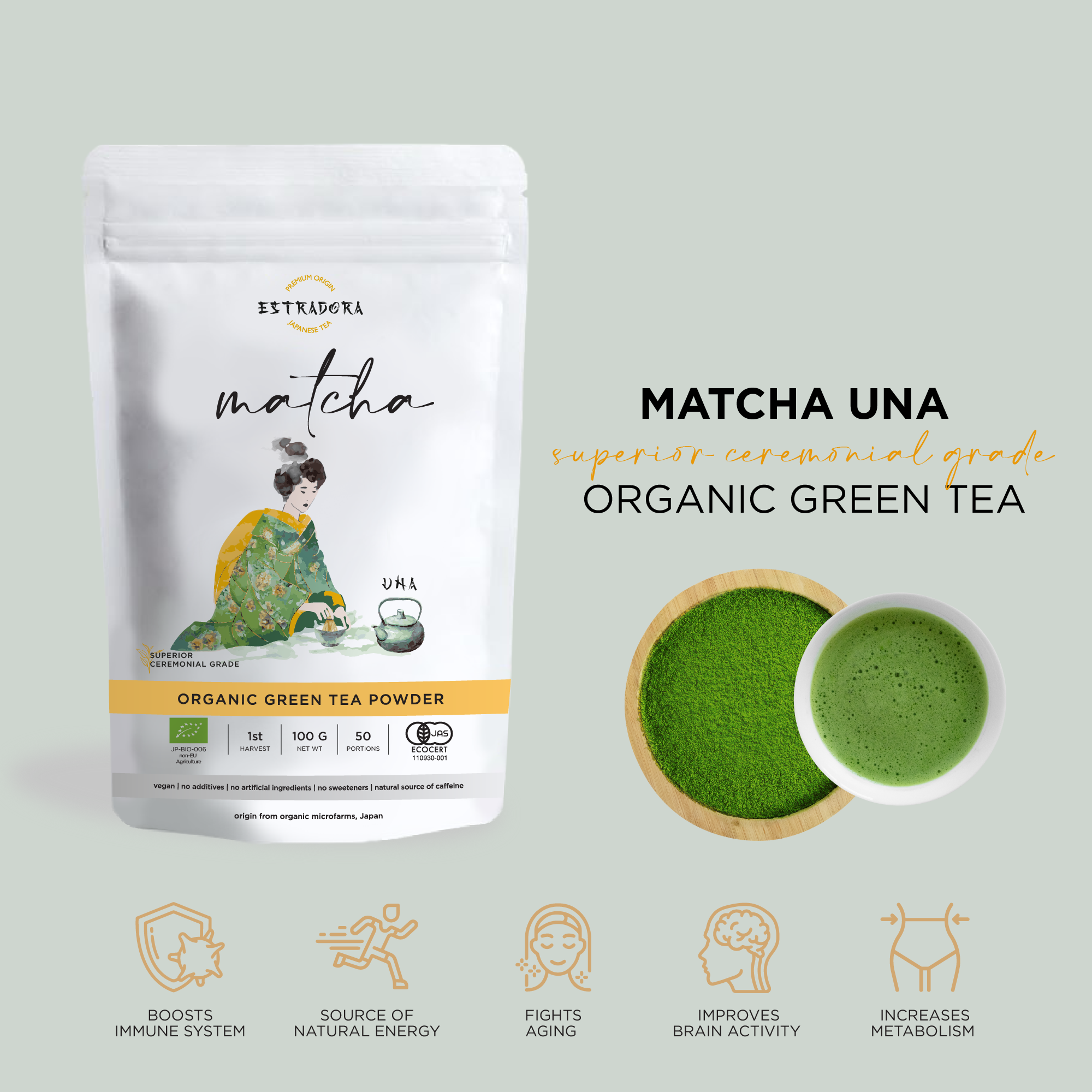 MATCHA UNA | Japanese superior ceremonial grade green tea powder – Estradora product packaging with vibrant green powder and whisked tea