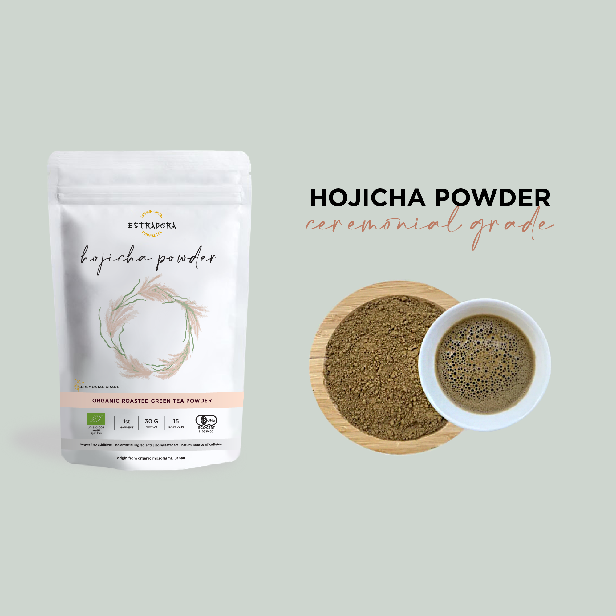 Hojicha powder Japanese roasted green tea – Estradora product packaging with finely milled tea powder and brewed cup