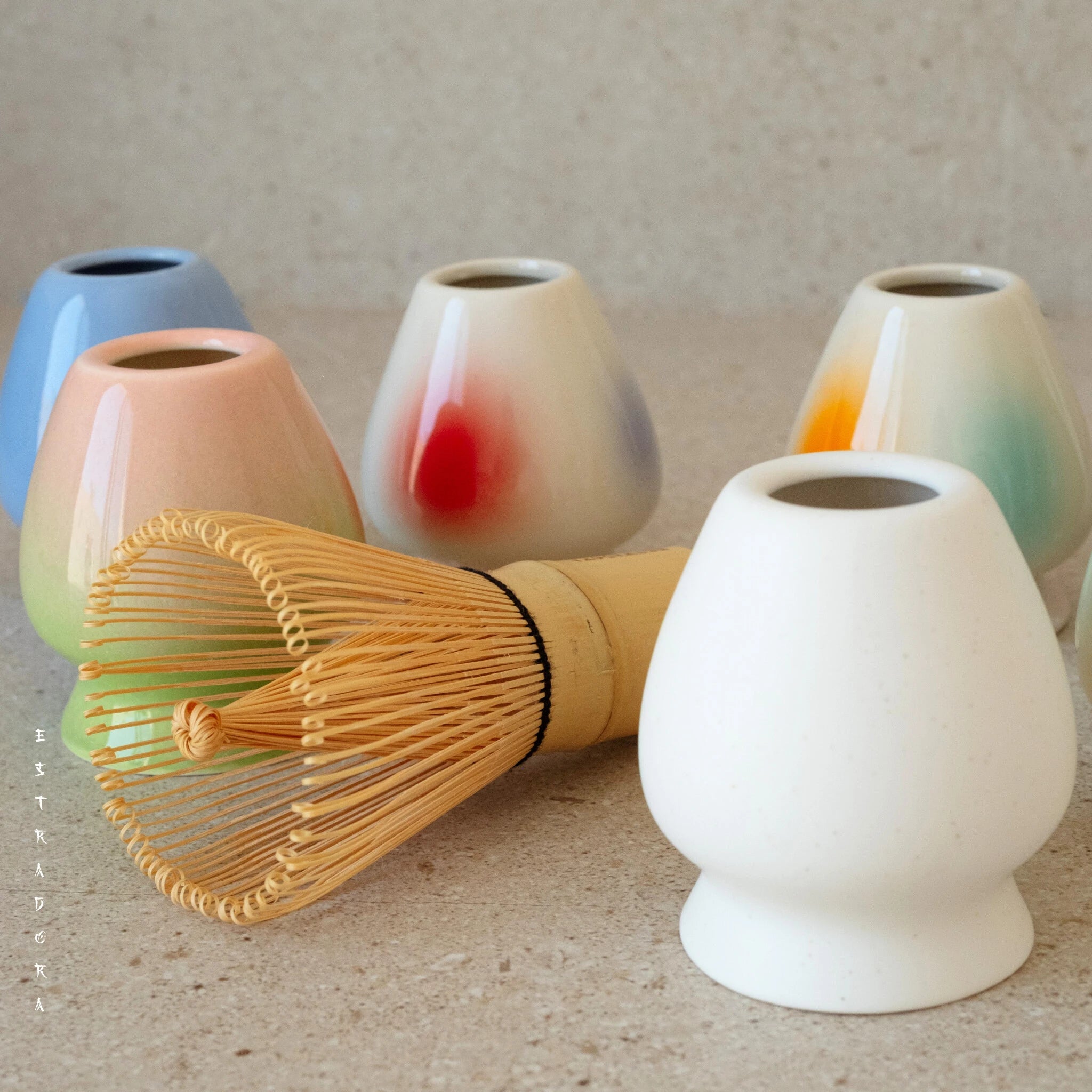 Colorful ceramic whisk holders with bamboo chasen – Japanese matcha accessories
