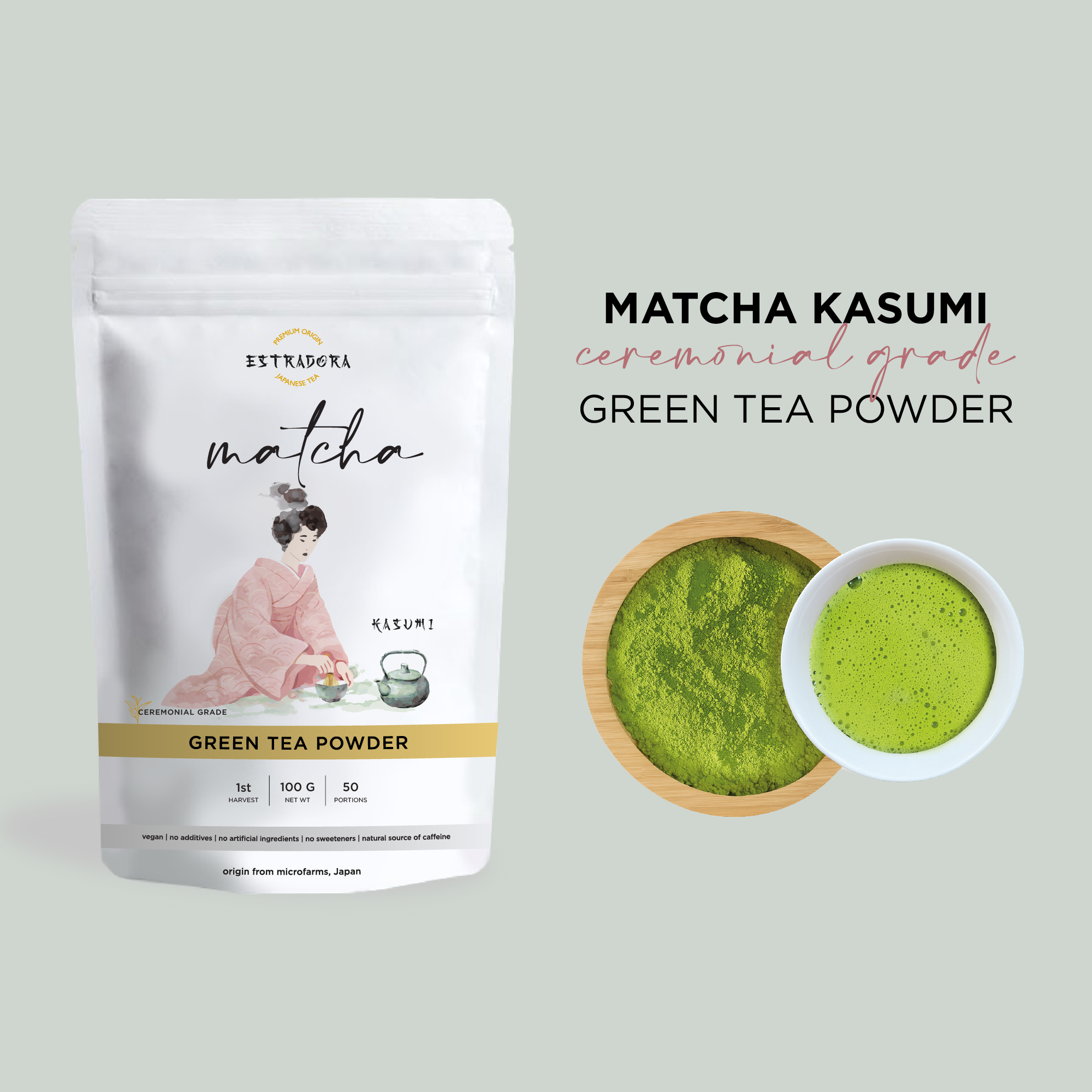 Estradora Matcha Kasumi pouch, ceremonial grade, 100 g, first harvest, with bowl of powder and whisked matcha.