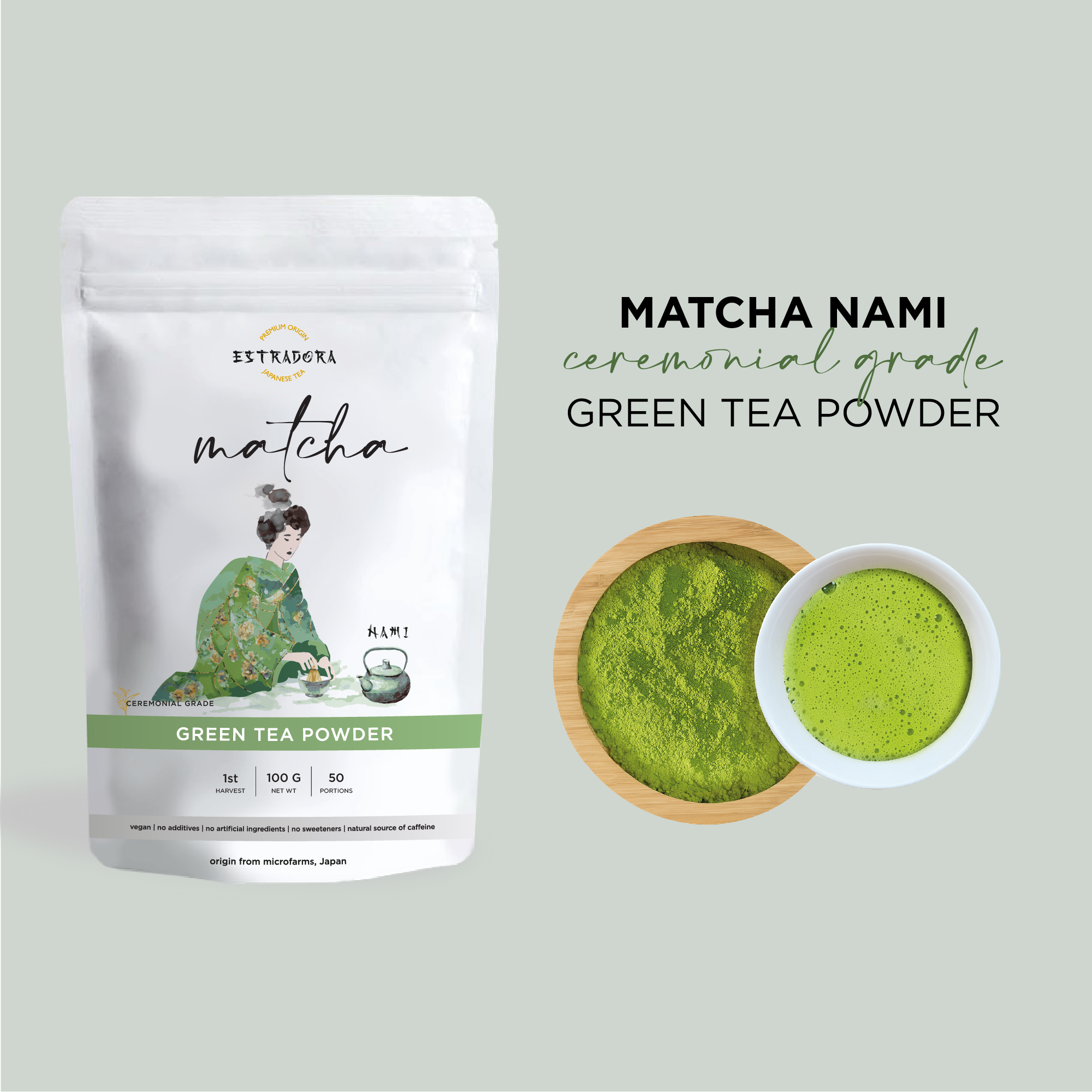 MATCHA NAMI | Japanese ceremonial grade green tea powder – Estradora product packaging with vibrant green powder and whisked tea