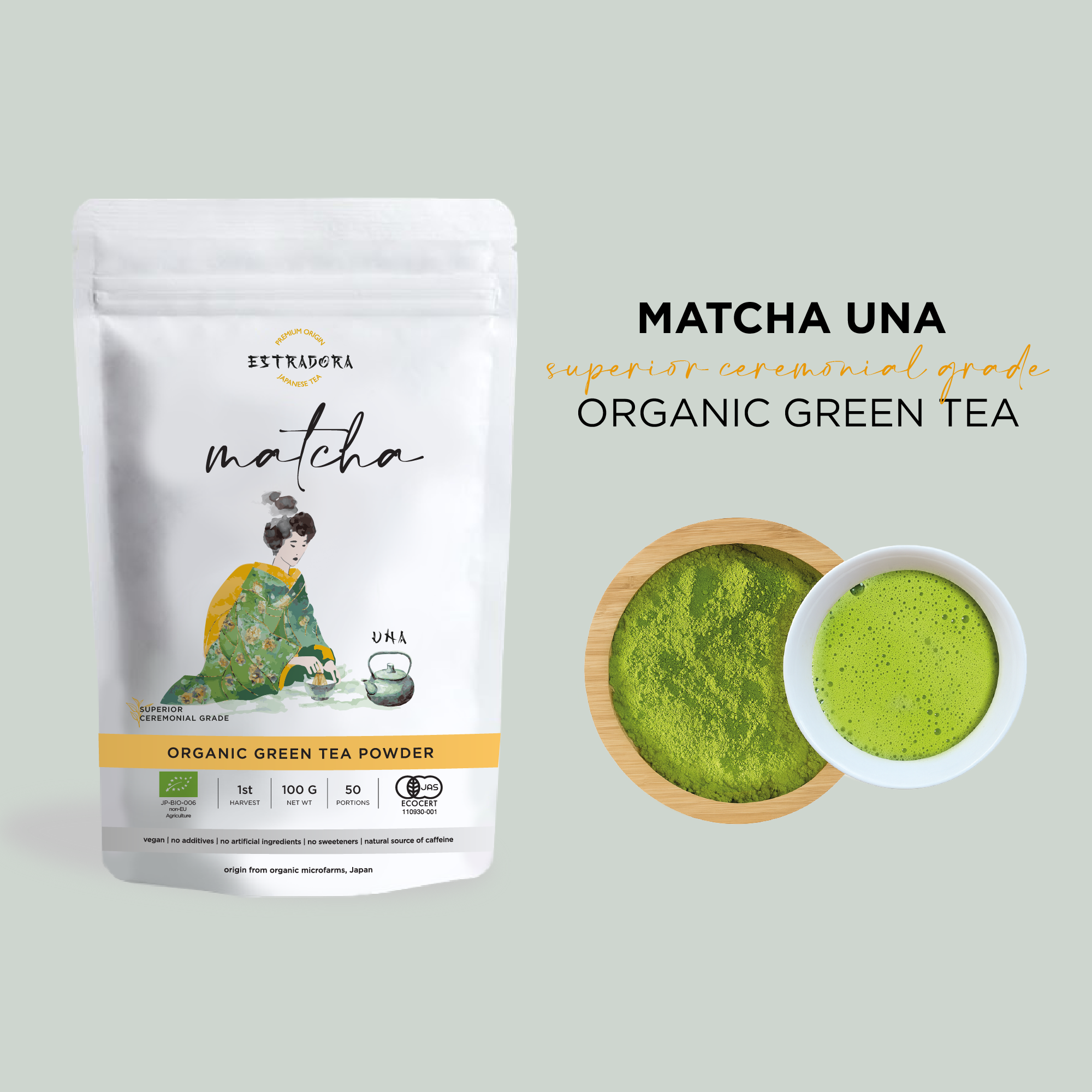 MATCHA UNA | Japanese superior ceremonial grade green tea powder – Estradora product packaging with vibrant green powder and whisked tea