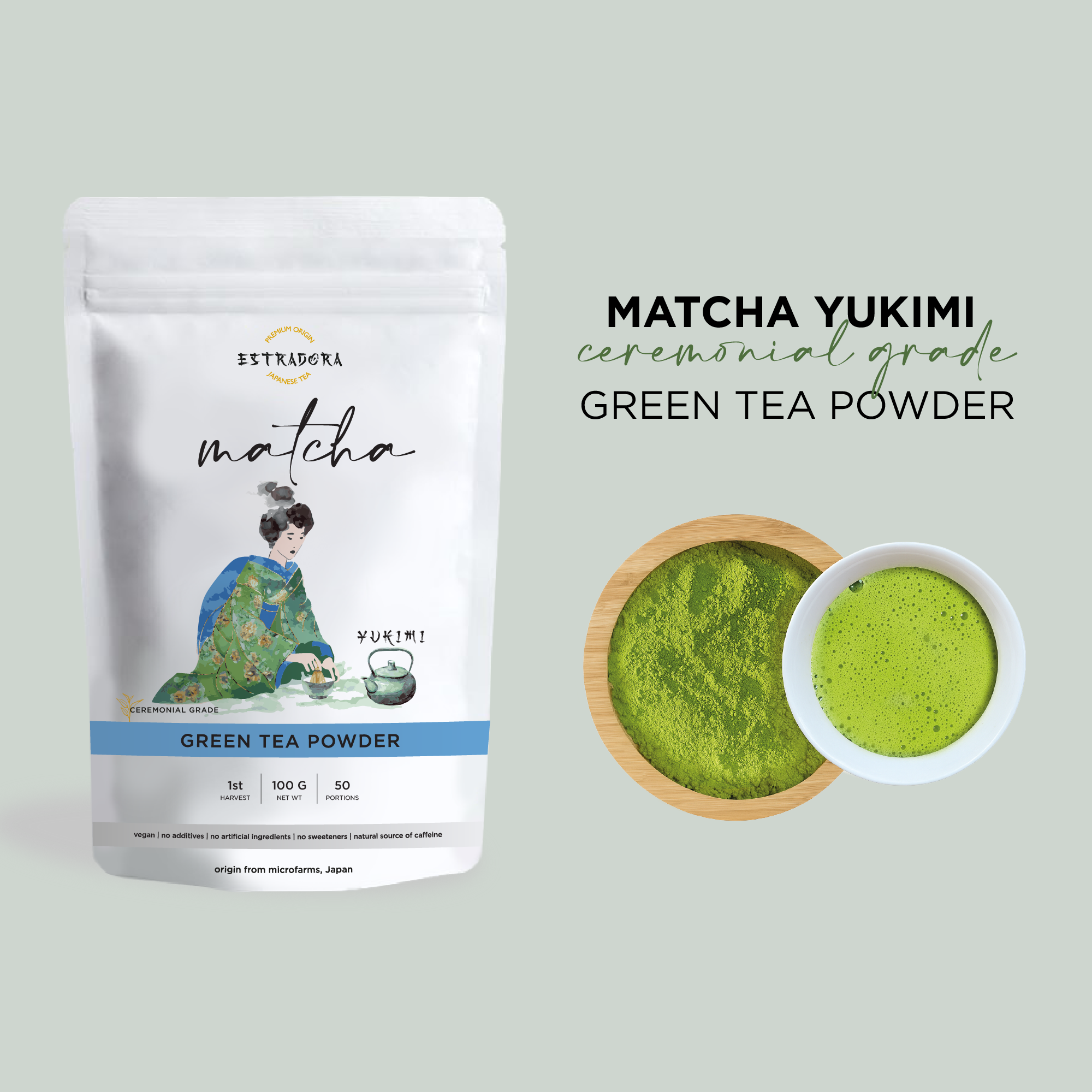 MATCHA YUKIMI | Japanese ceremonial grade green tea powder – Estradora product packaging with vibrant green powder and whisked tea