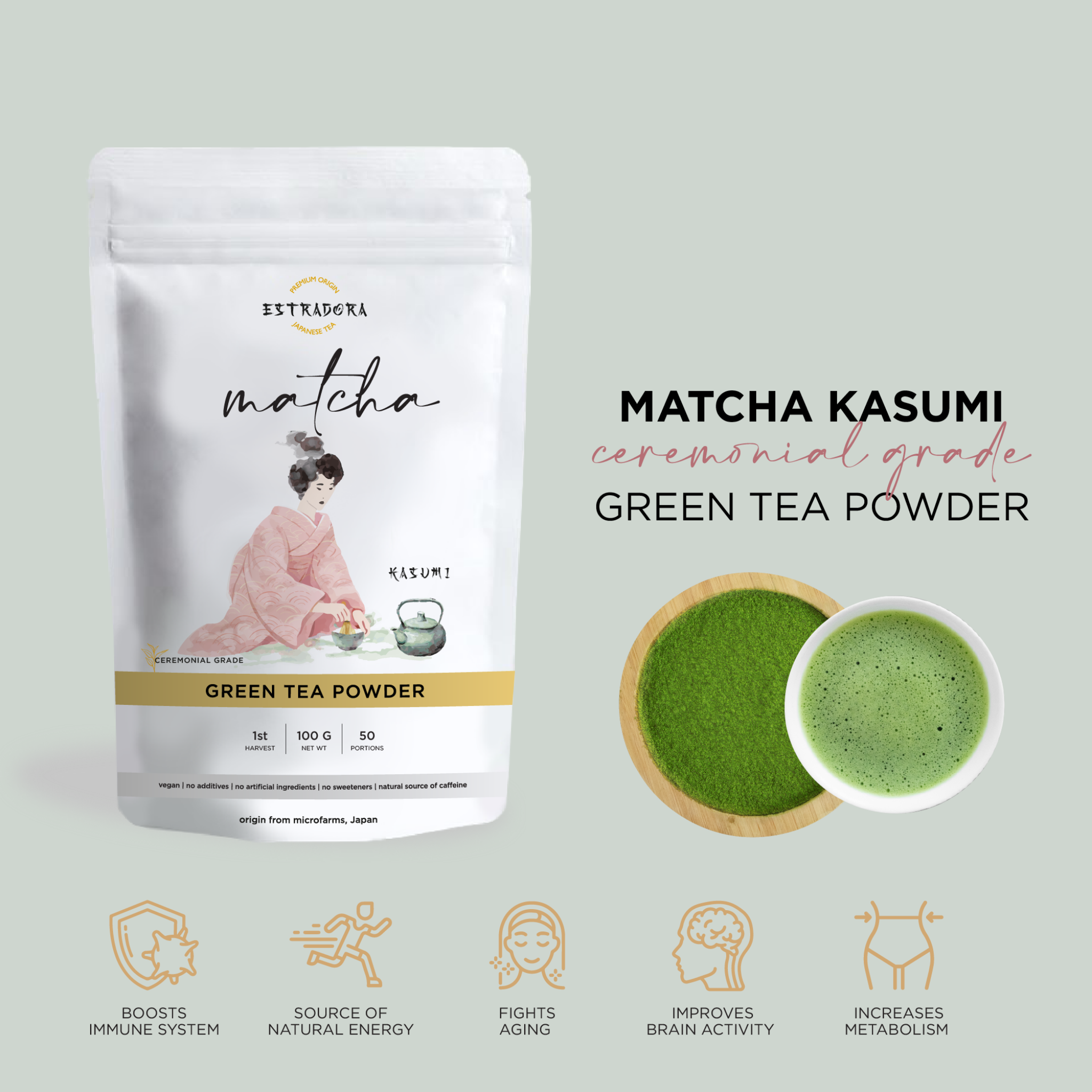 Estradora Matcha Kasumi pouch, ceremonial grade, 100 g, first harvest, with bowl of powder and whisked matcha.