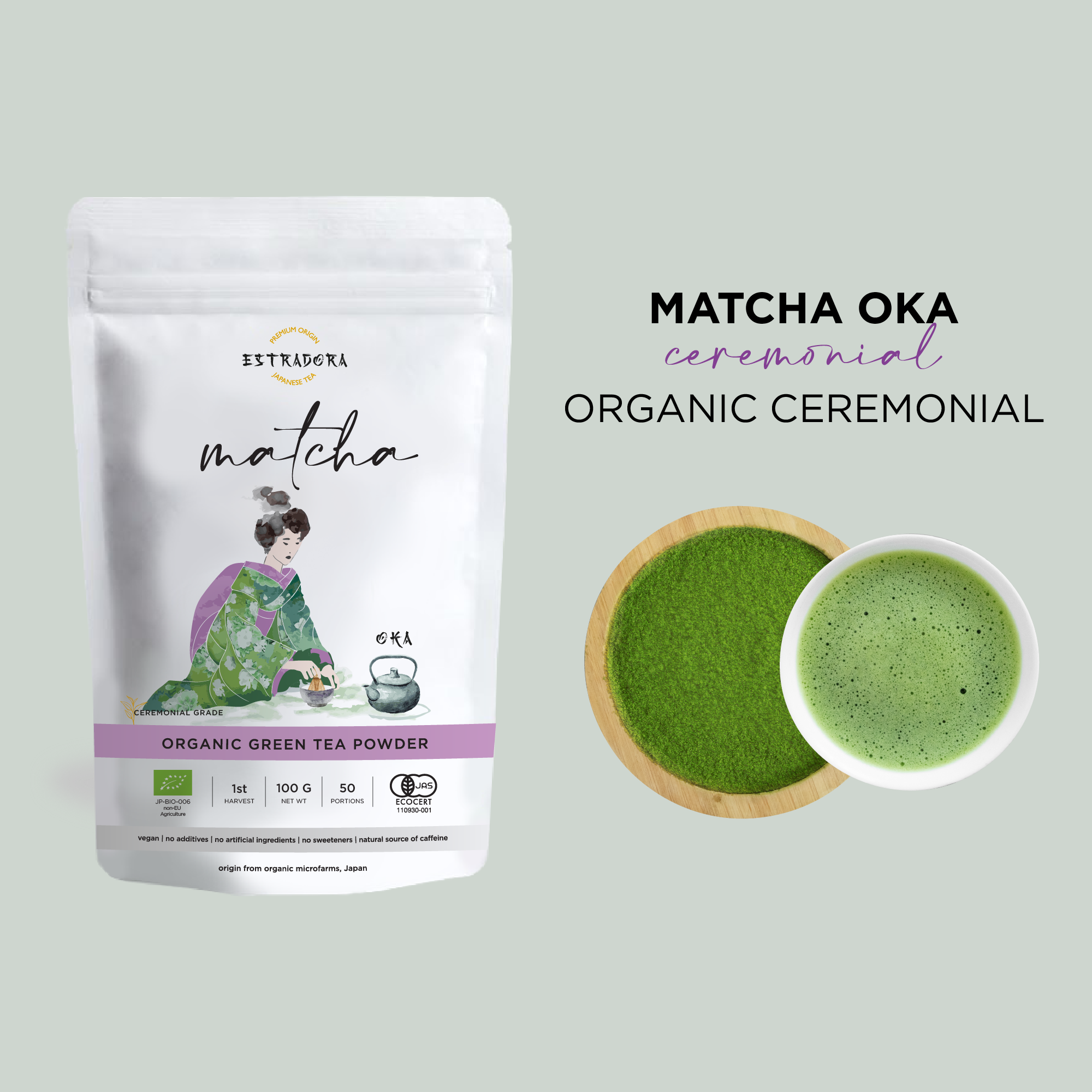 Matcha Oka Japanese ceremonial green tea powder – Estradora product packaging with vibrant green powder and whisked tea