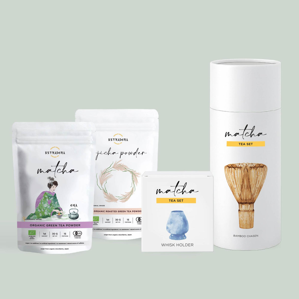 matcha starter set. estradora. japanese ceremonial matcha set. Matcha oka, hojicha powder, whisk holder, whisk set
