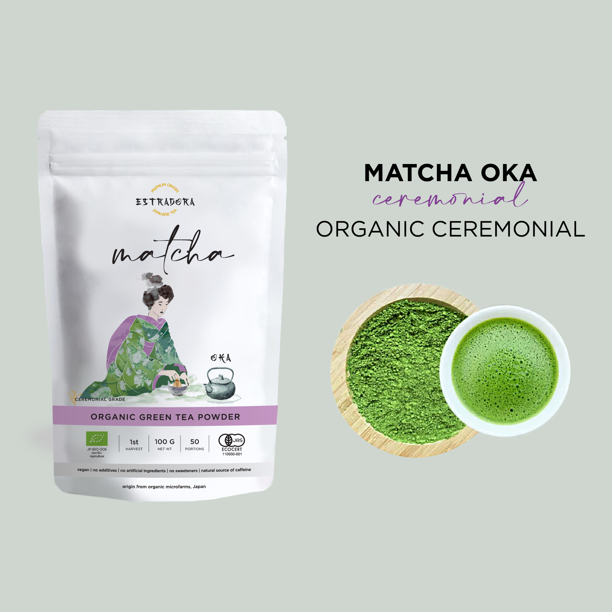 Matcha Oka Japanese ceremonial green tea powder – Estradora product packaging with vibrant green powder and whisked tea