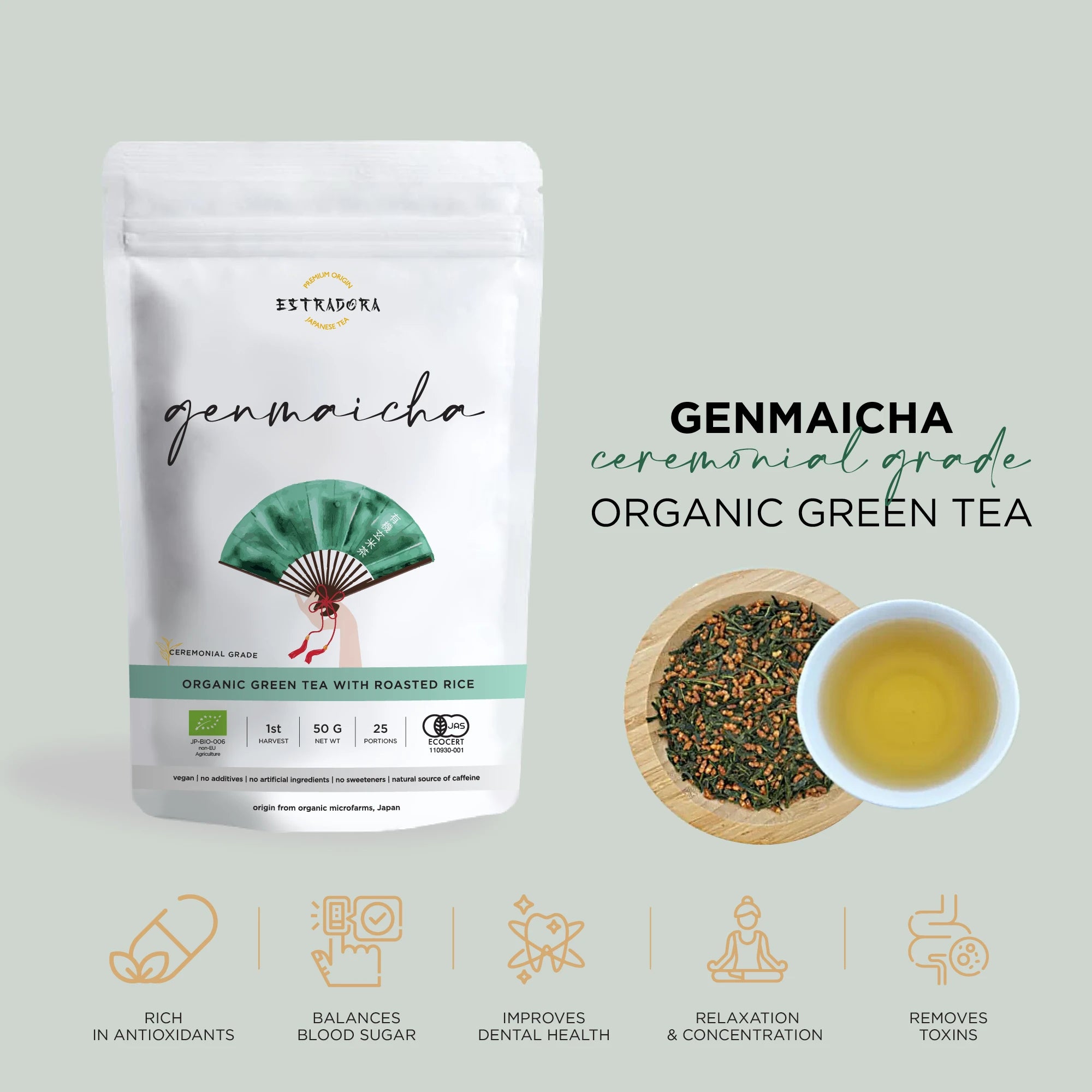 Japanese Genmaicha Green Tea ceremonial grade — green tea with roasted rice Estradora