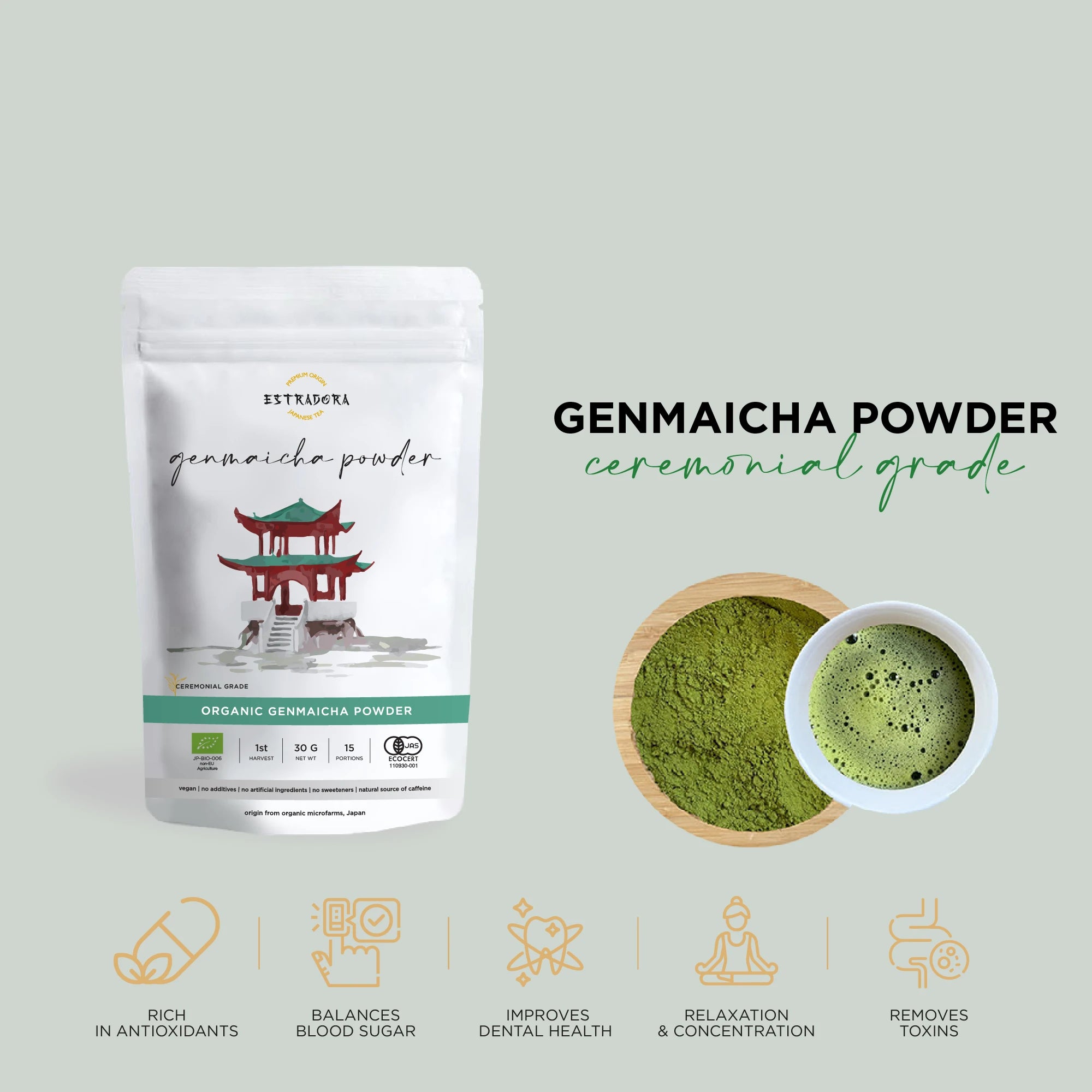Japanese Genmaicha tea powder ceremonial grade – green tea with roasted rice, first harvest from Japan, Estradora product packaging