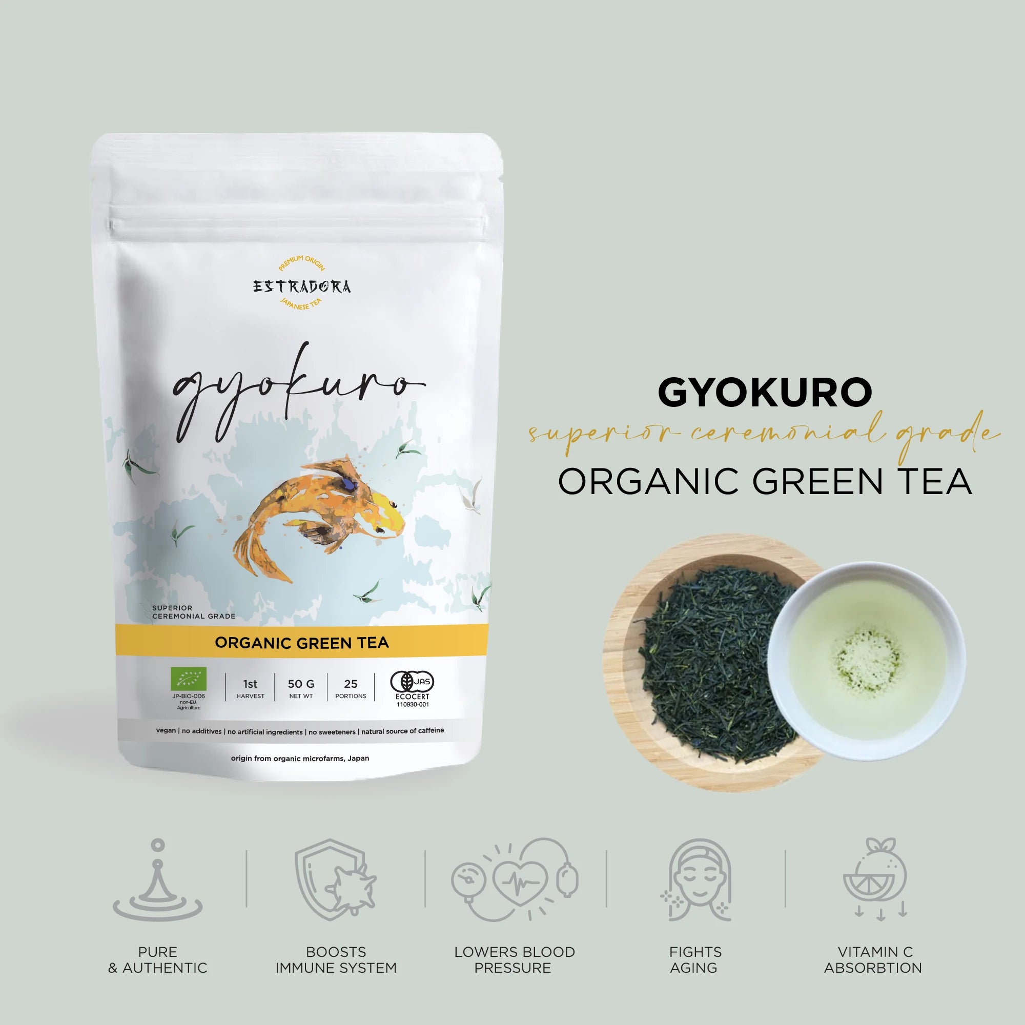 Japanese Gyokuro Superior Ceremonial Grade -  Estradora product packaging with loose leaves and brewed cup