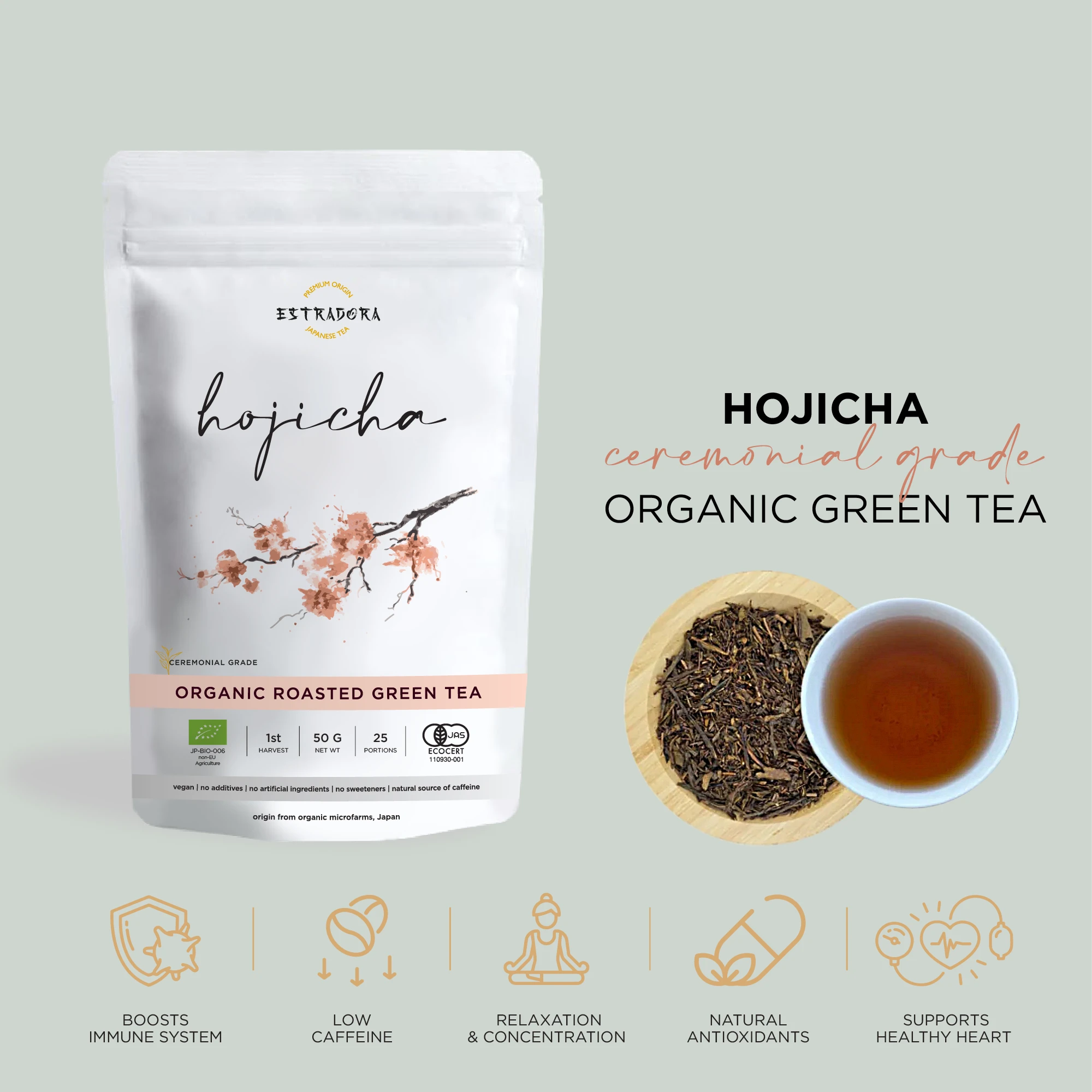 Hojicha Japanese roasted green tea – Estradora product packaging, loose tea leaves and brewed cup