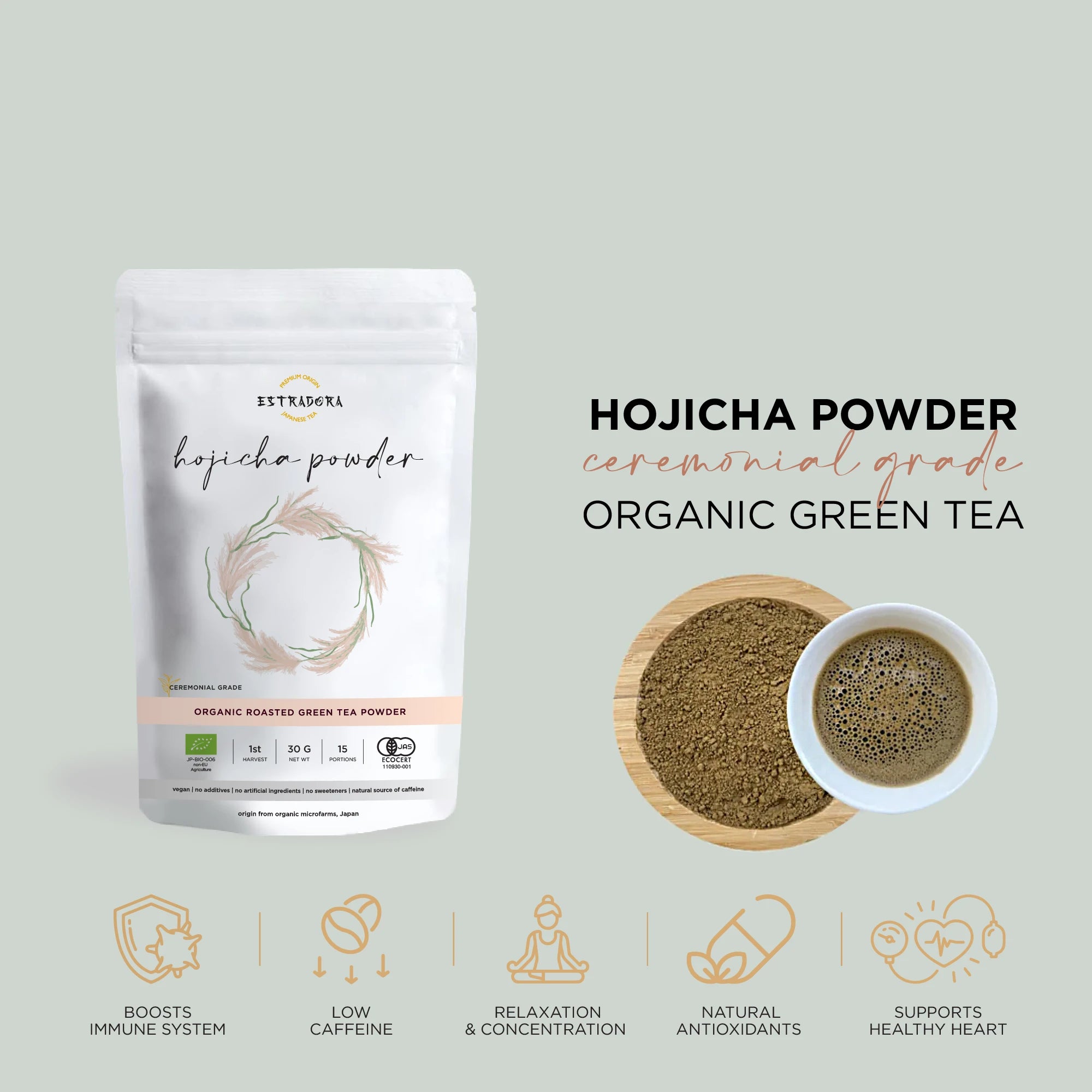 Hojicha powder Japanese roasted green tea – Estradora product packaging with finely milled tea powder and brewed cup