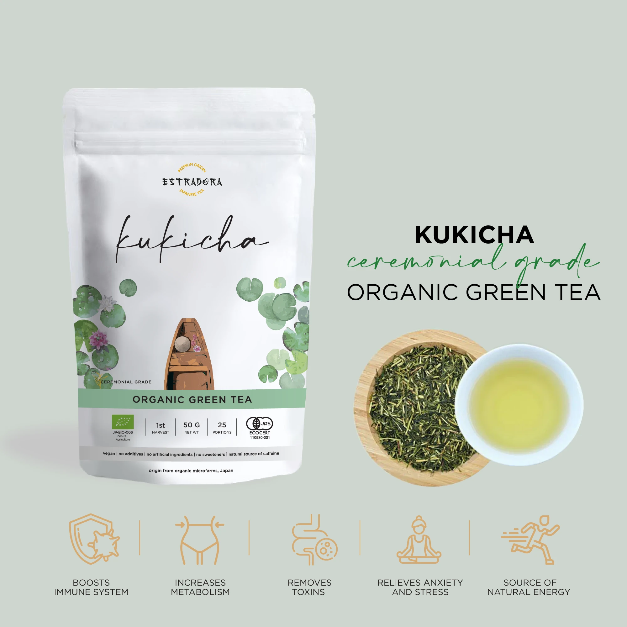 Japanese Kukicha Green Tea ceremonial grade — green tea package - Estradora