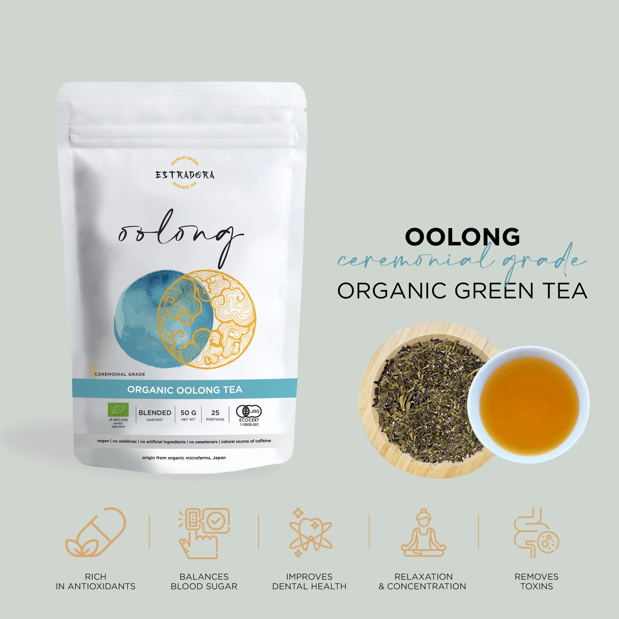 Japanese Oolong ceremonial green tea – Estradora product packaging with loose leaves and brewed cup