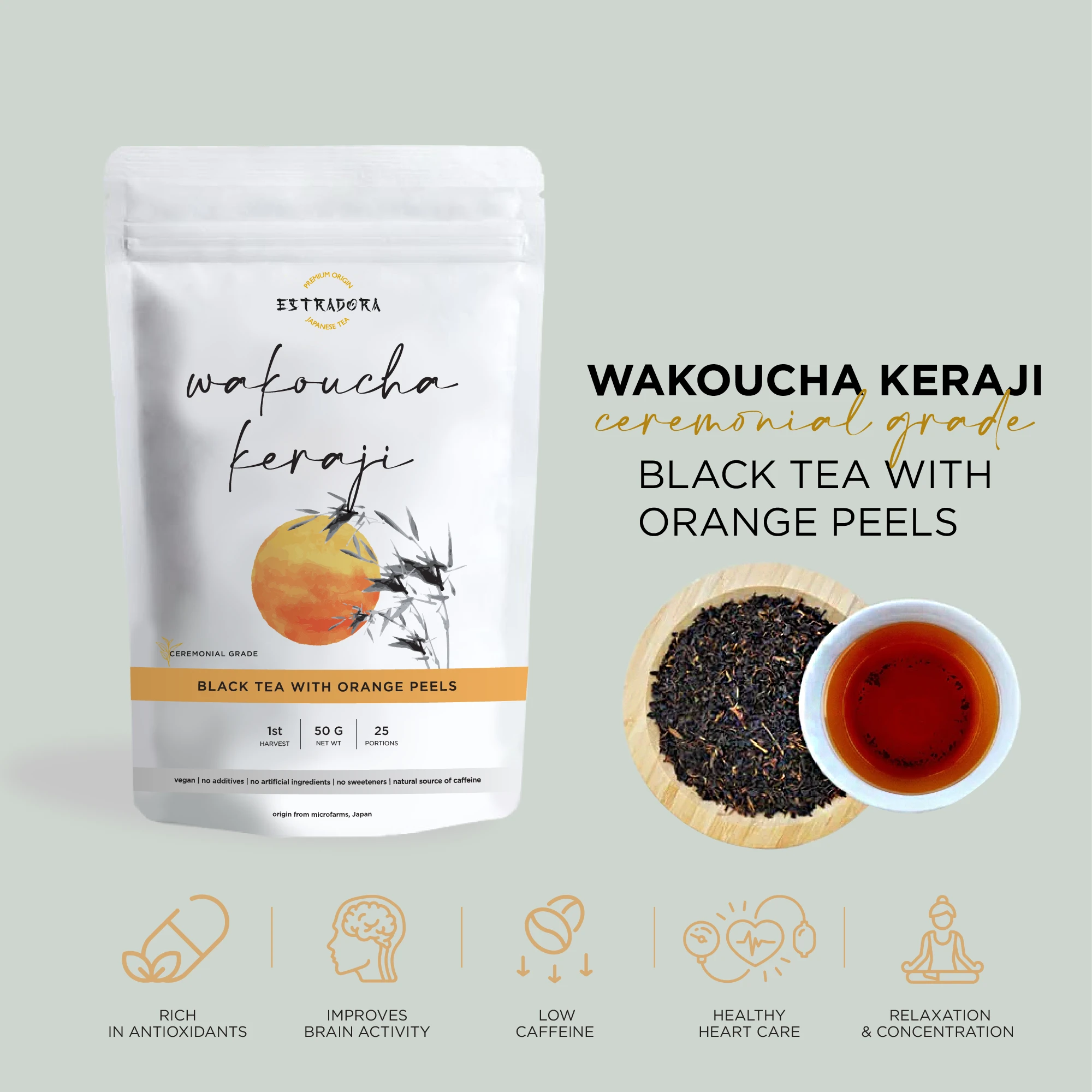 Wakoucha Keraji Japanese black tea with orange peels – Estradora product packaging, loose tea leaves and brewed cup