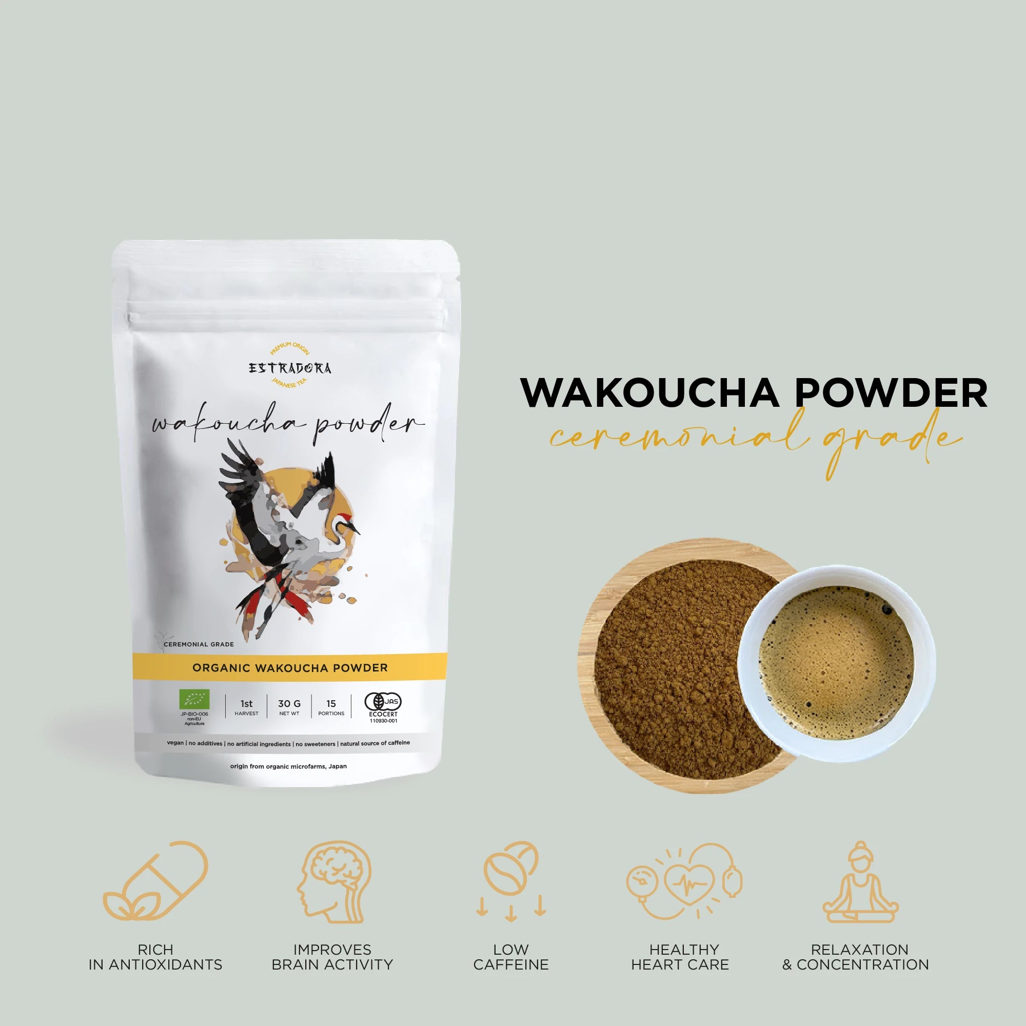 Japanese Wakoucha tea powder ceremonial grade – Japanese black tea in powdered form, Estradora product packaging with brewed cup