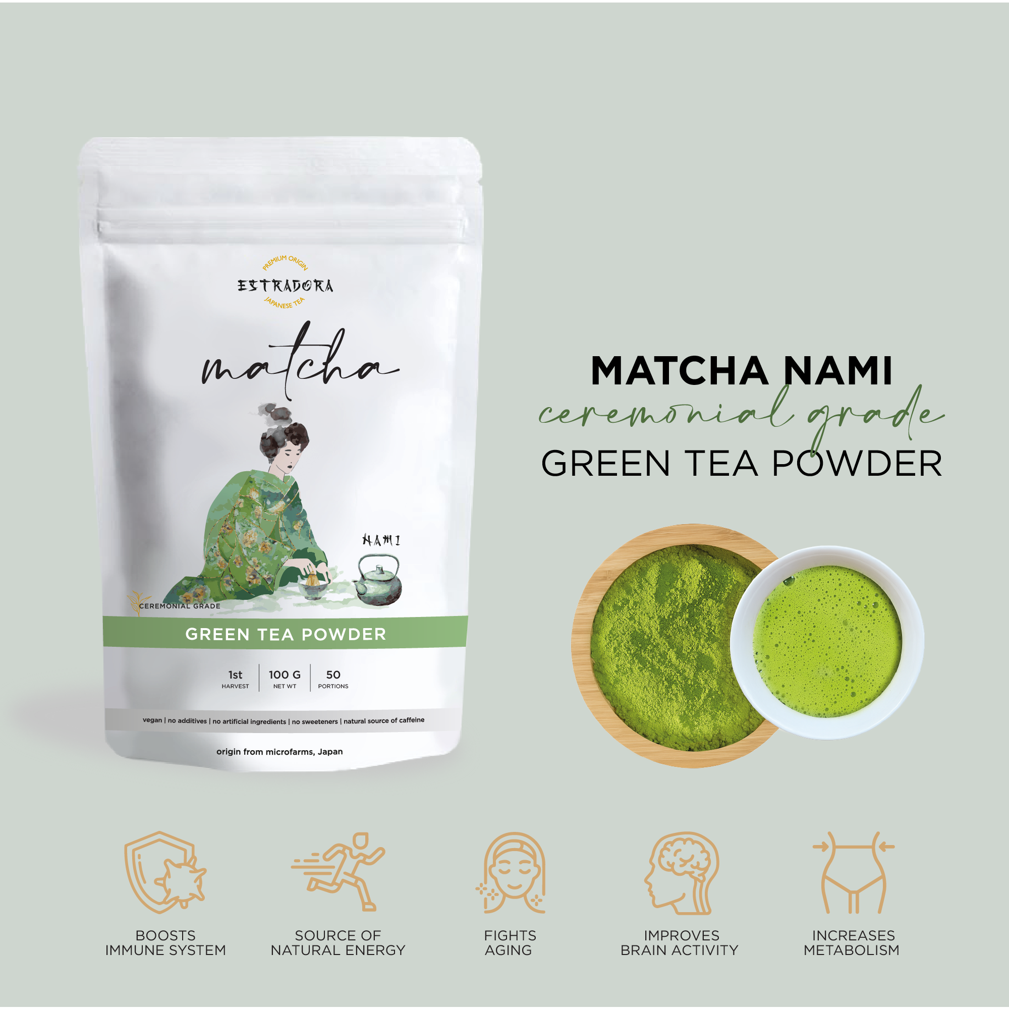 MATCHA NAMI | Japanese ceremonial grade green tea powder – Estradora product packaging with vibrant green powder and whisked tea