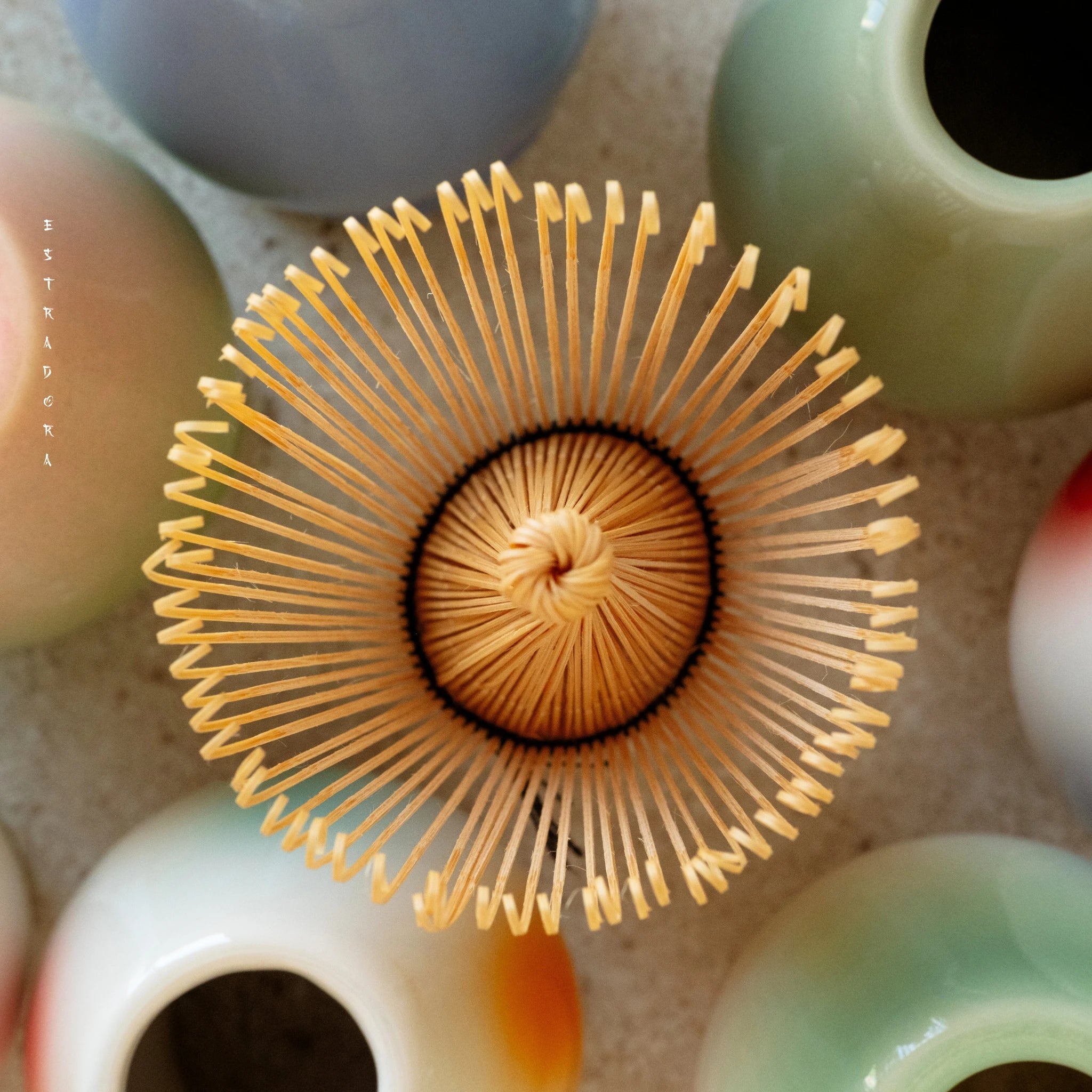 Bamboo matcha whisk with multicolor ceramic whisk holders – Estradora tea accessories
